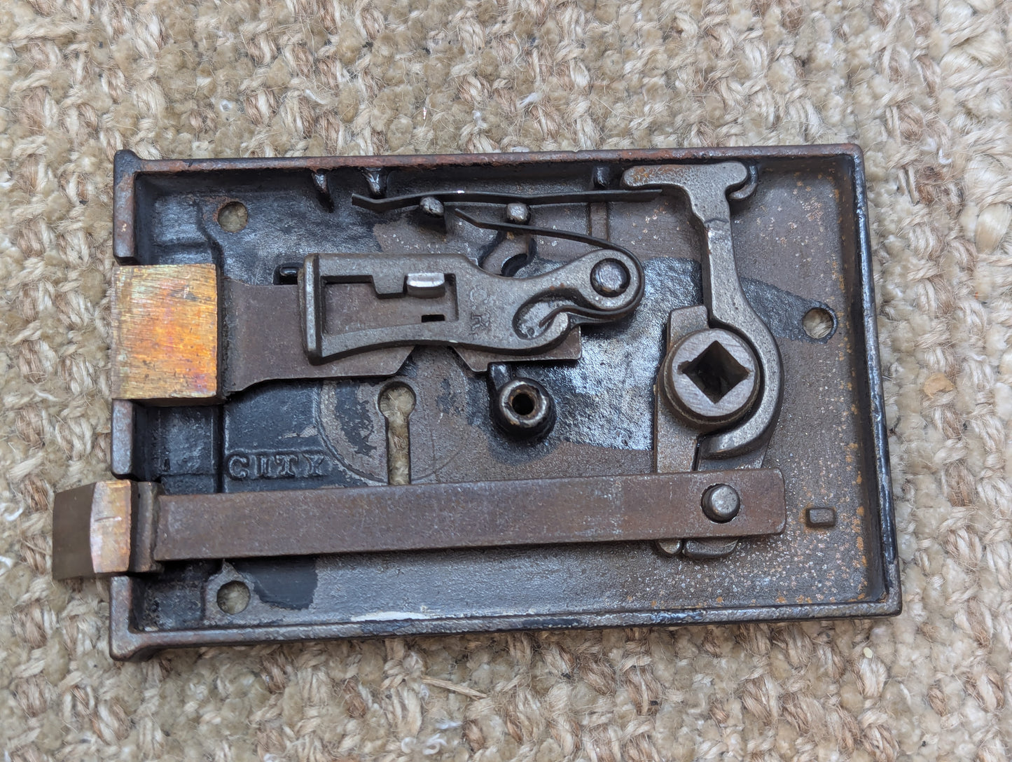 Antique CITY Interior Box Lock Rim Lock Door Hardware With Keeper and Key