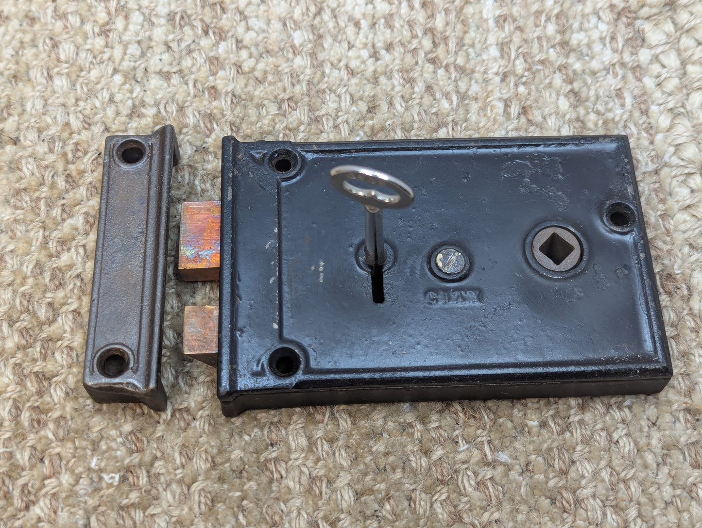 Antique CITY Interior Box Lock Rim Lock Door Hardware With Keeper and Key