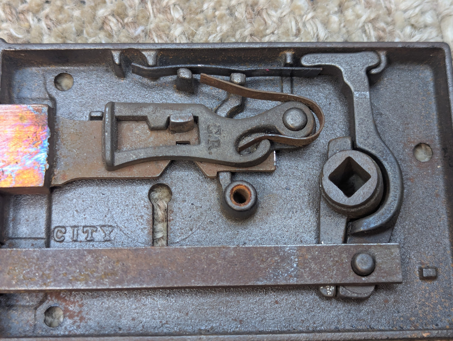 Antique CITY Interior Box Lock Rim Lock Door Hardware With Keeper and Key