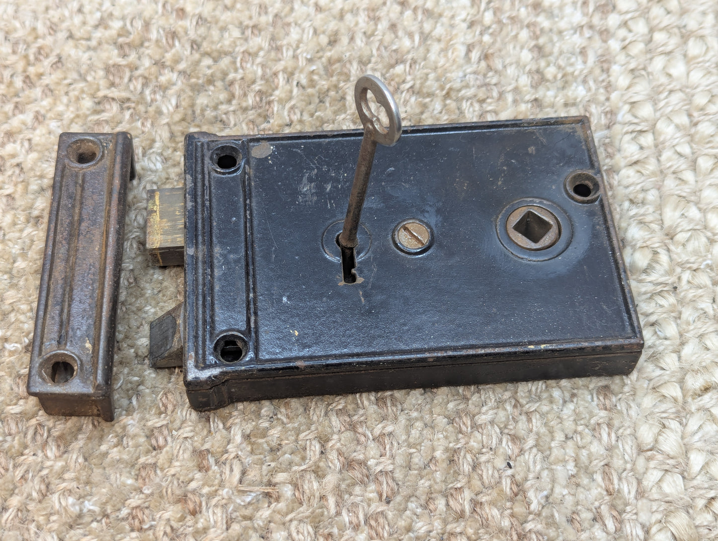 Antique Interior Box Lock Rim Lock Door Hardware With Keeper and Key