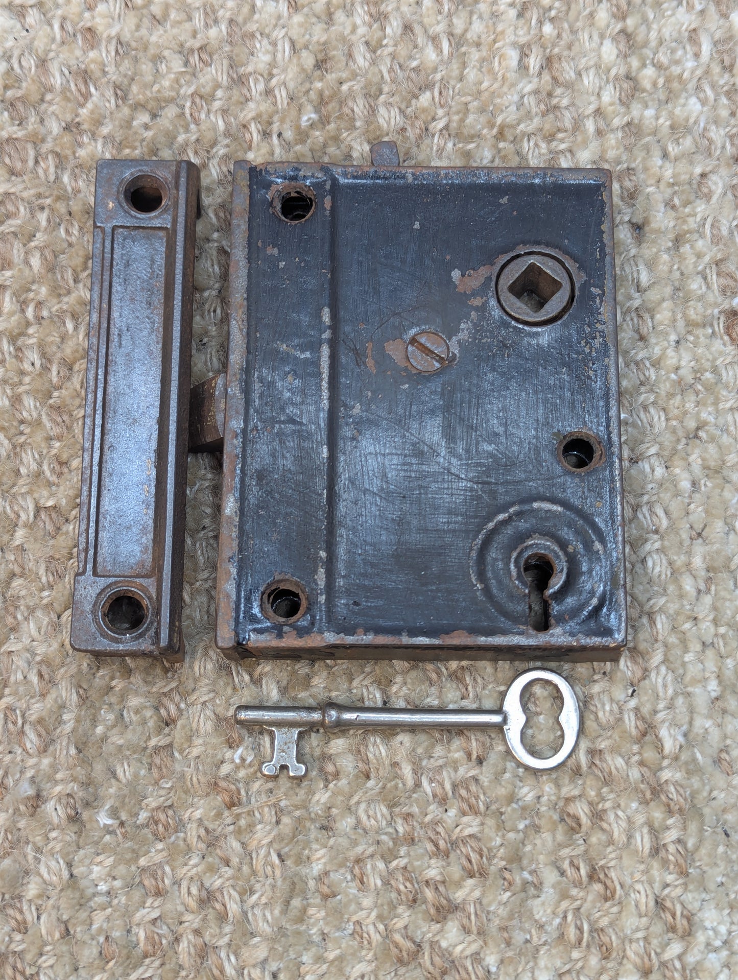 Antique Interior Box Lock Rim Lock Door Hardware With Keeper and Key