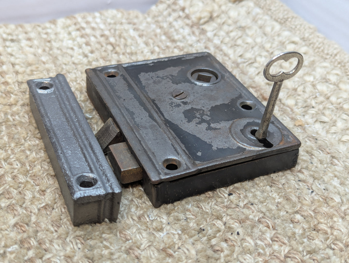 Antique Interior Box Lock Rim Lock Door Hardware With Keeper and Key