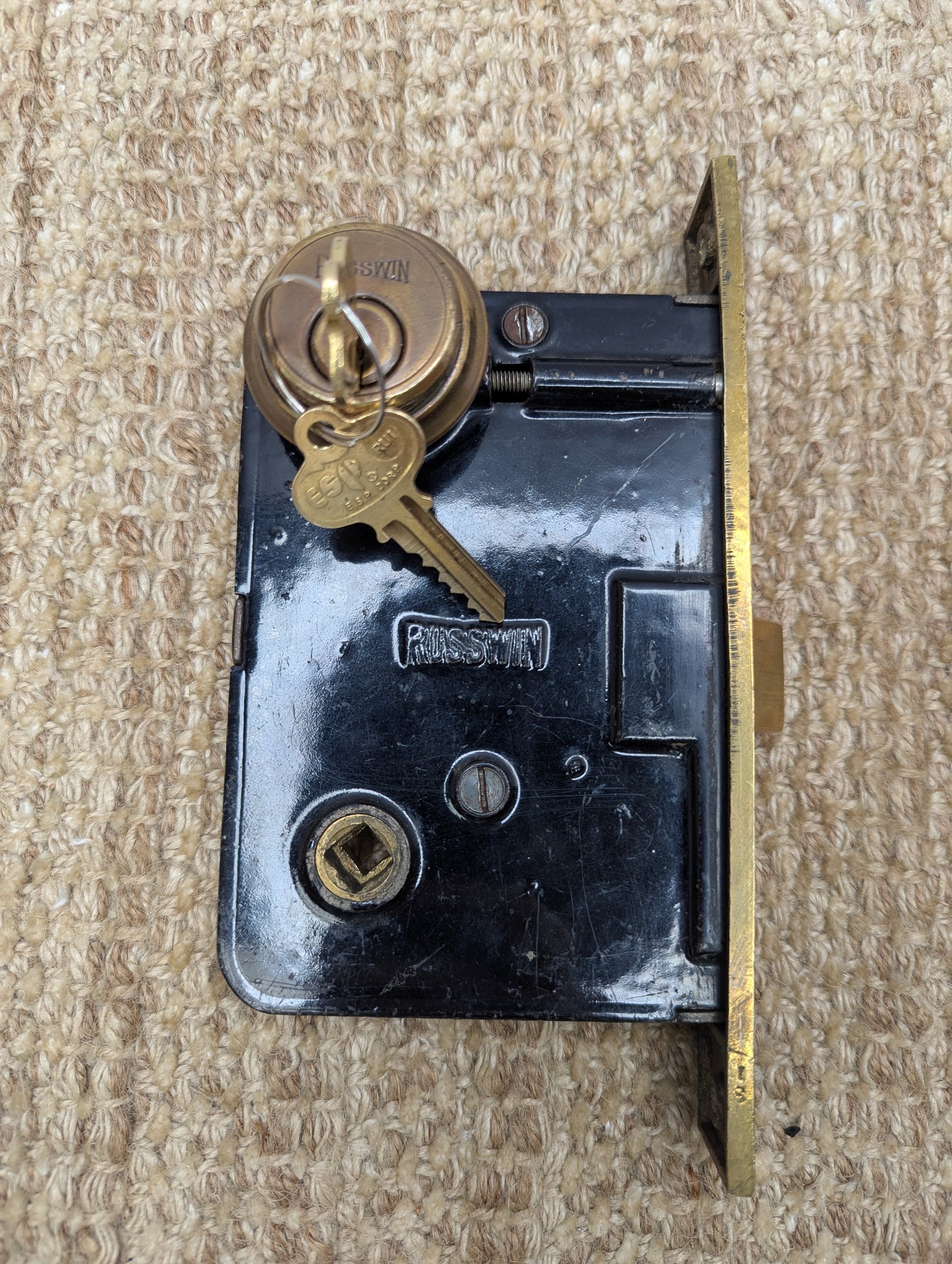 Antique Russwin Exterior Mortise Lock W/Keys, Brass Door Knobs, Rosettes & Thumb Turn Set
