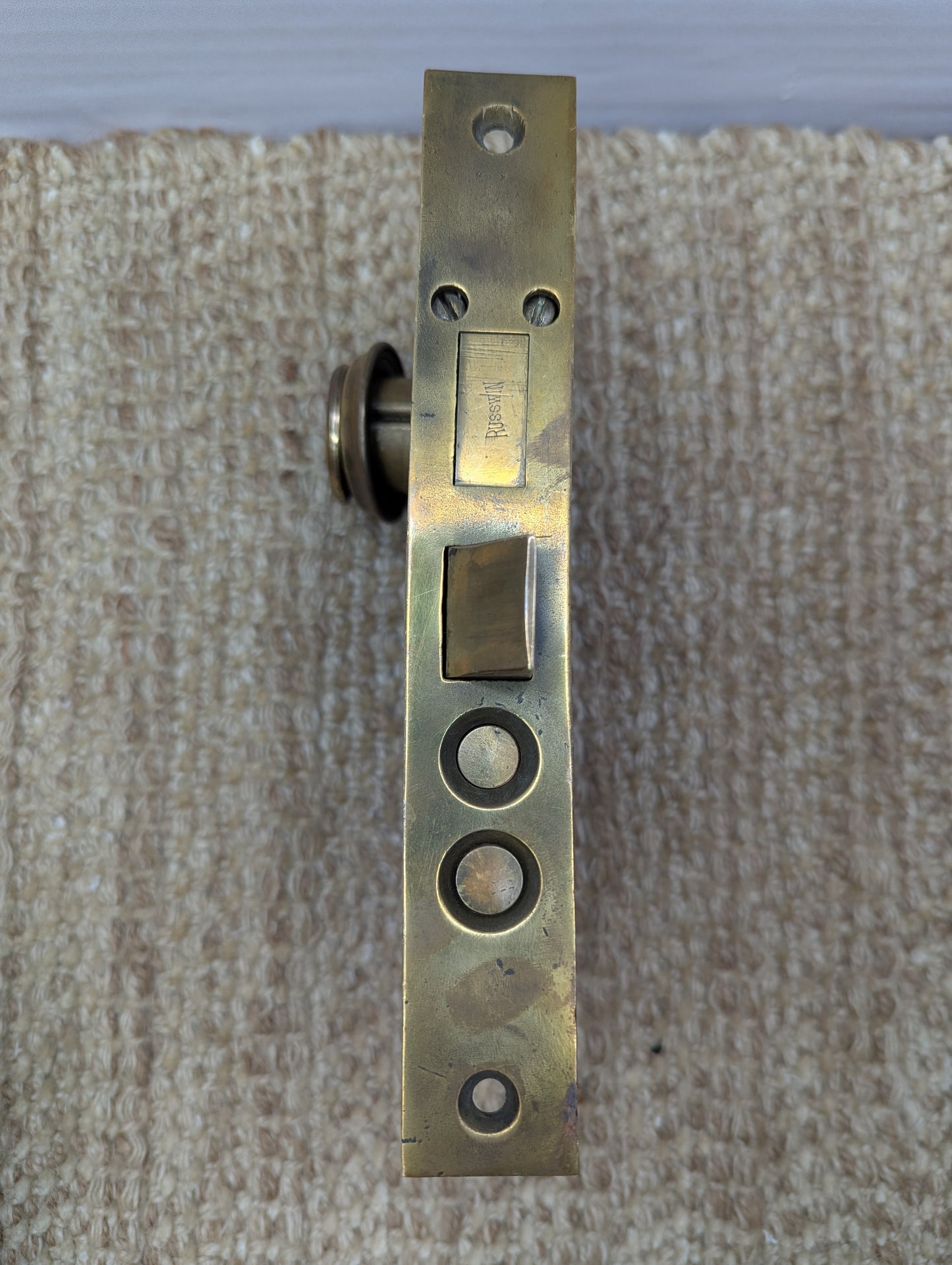 Antique Russwin Exterior Mortise Lock W/Keys, Brass Door Knobs, Rosettes & Thumb Turn Set