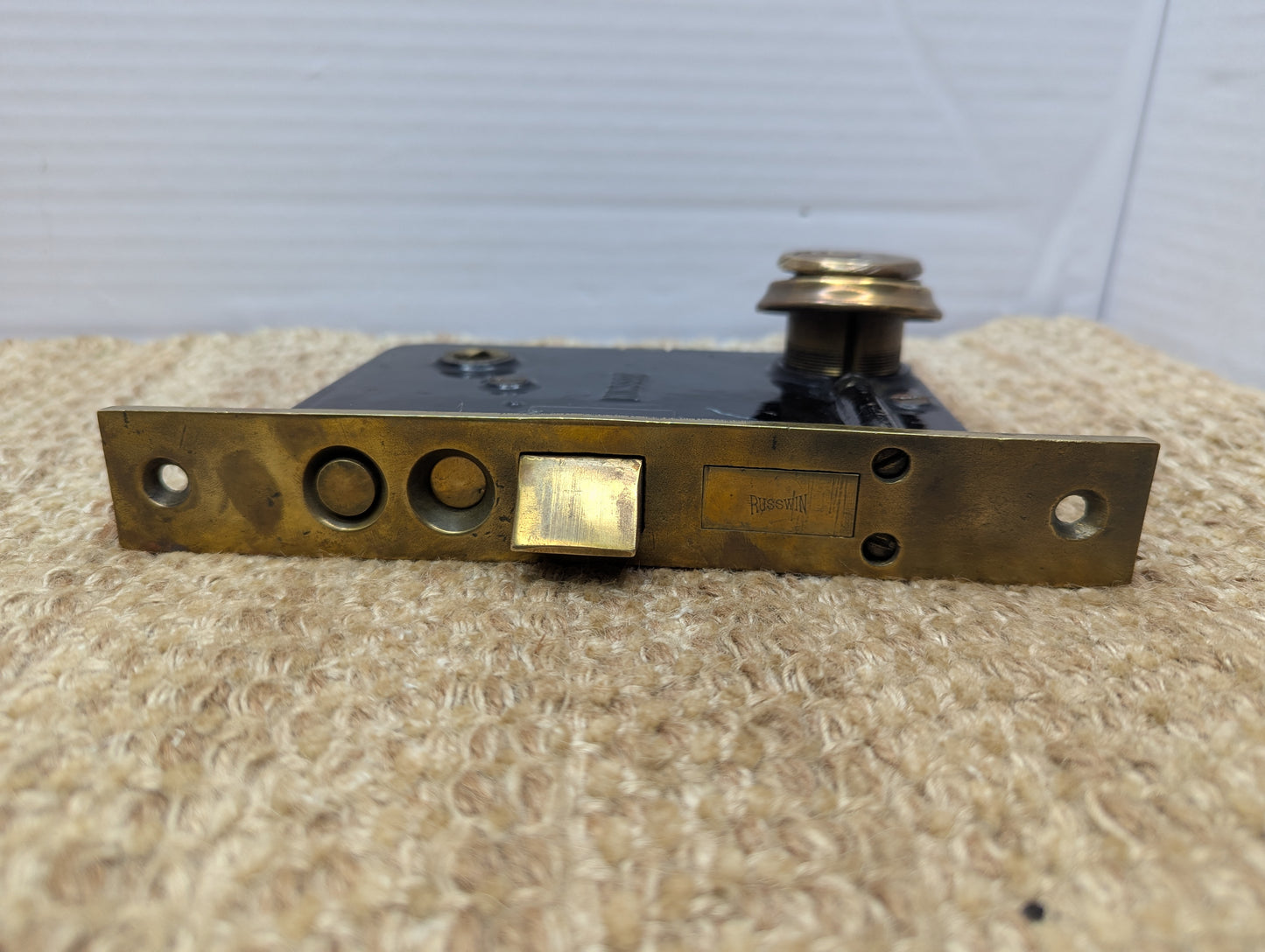 Antique Russwin Exterior Mortise Lock W/Keys, Brass Door Knobs, Rosettes & Thumb Turn Set