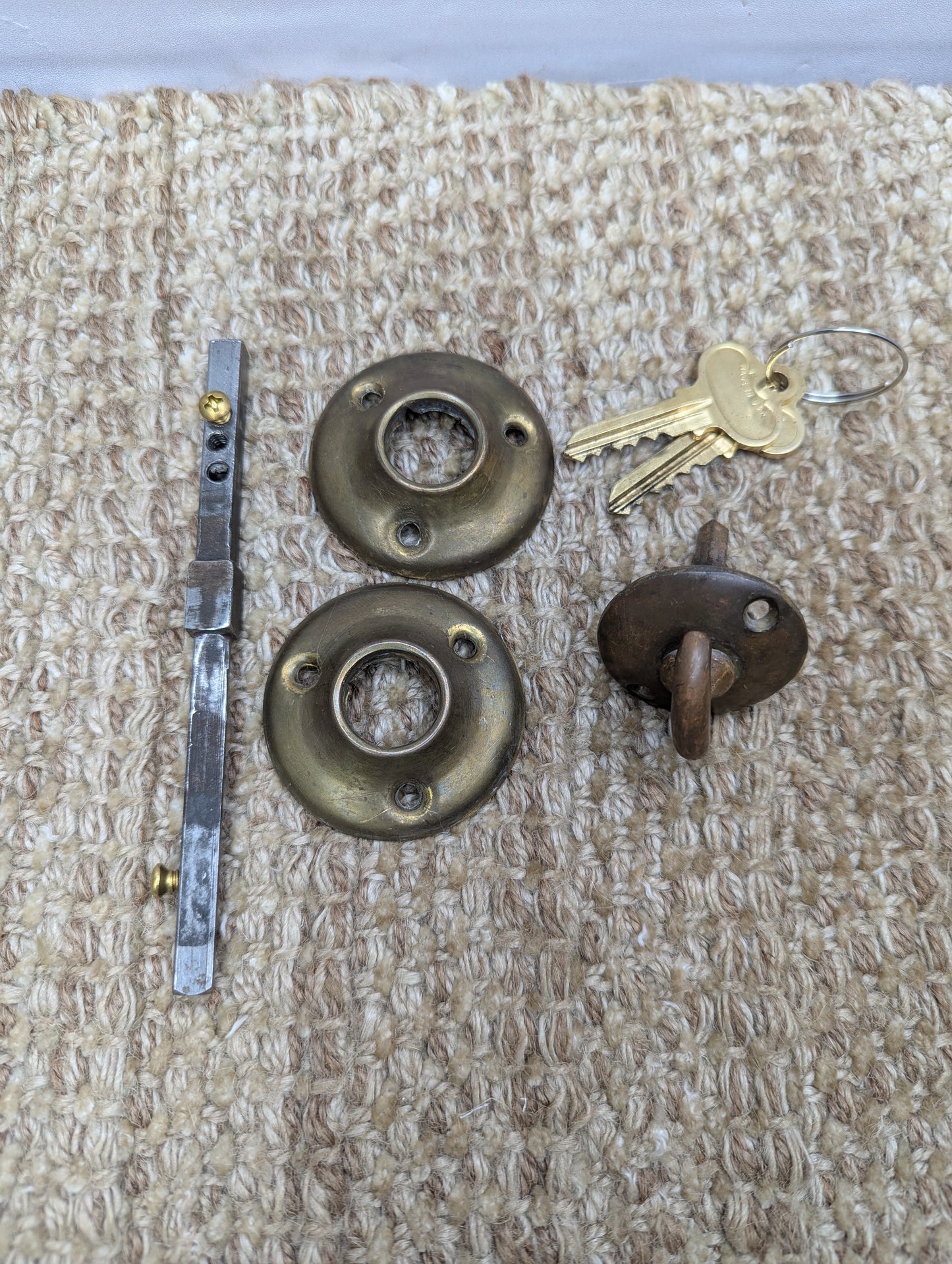 Antique Russwin Exterior Mortise Lock W/Keys, Brass Door Knobs, Rosettes & Thumb Turn Set