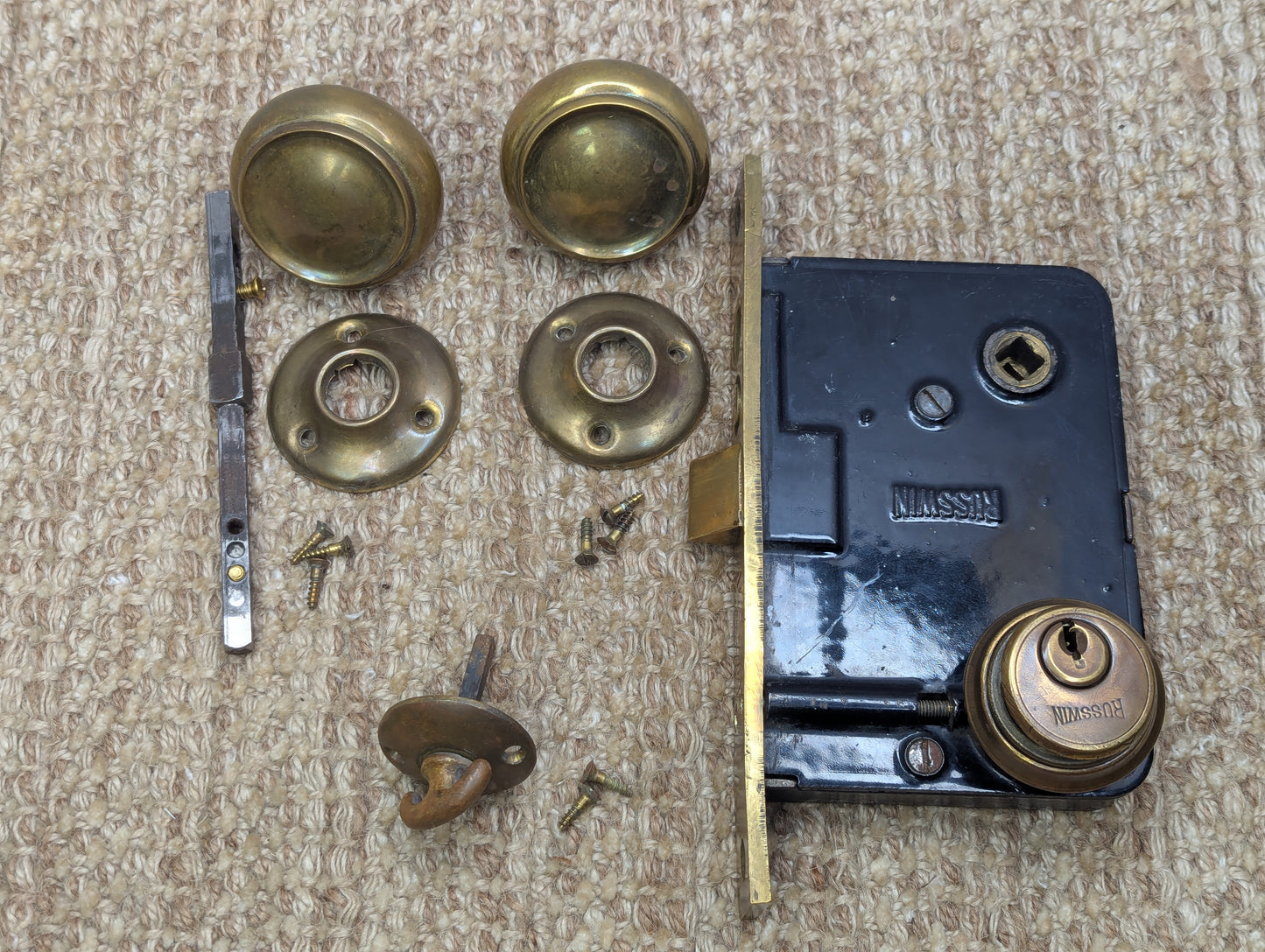 Antique Russwin Exterior Mortise Lock W/Keys, Brass Door Knobs, Rosettes & Thumb Turn Set