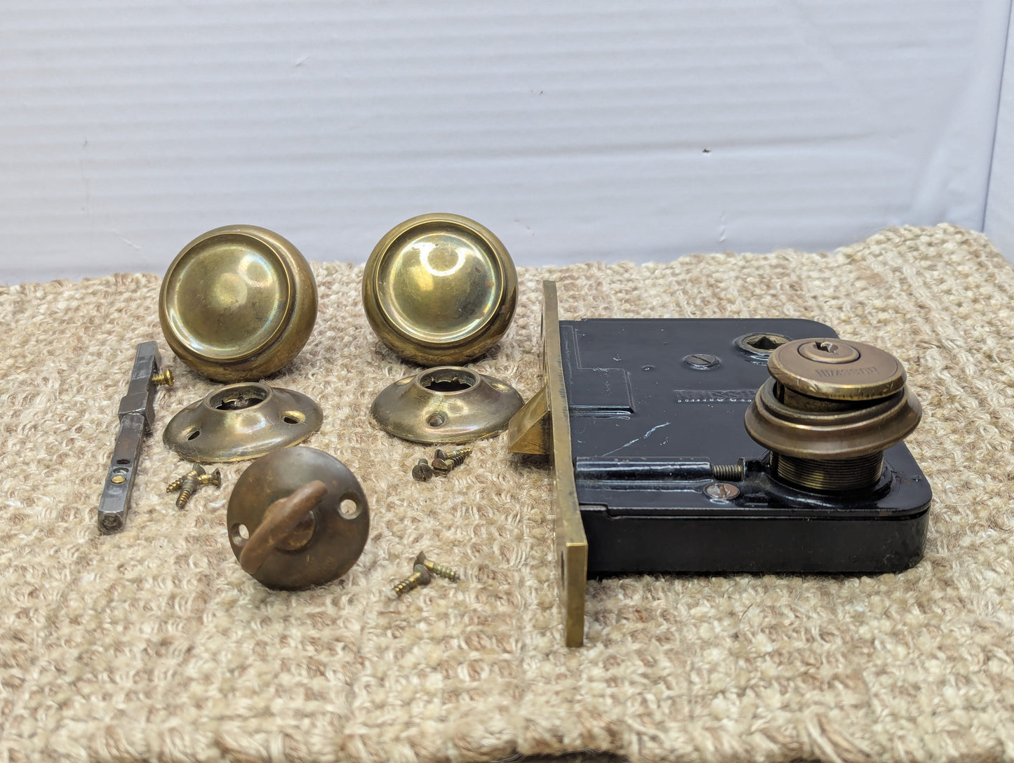 Antique Russwin Exterior Mortise Lock W/Keys, Brass Door Knobs, Rosettes & Thumb Turn Set