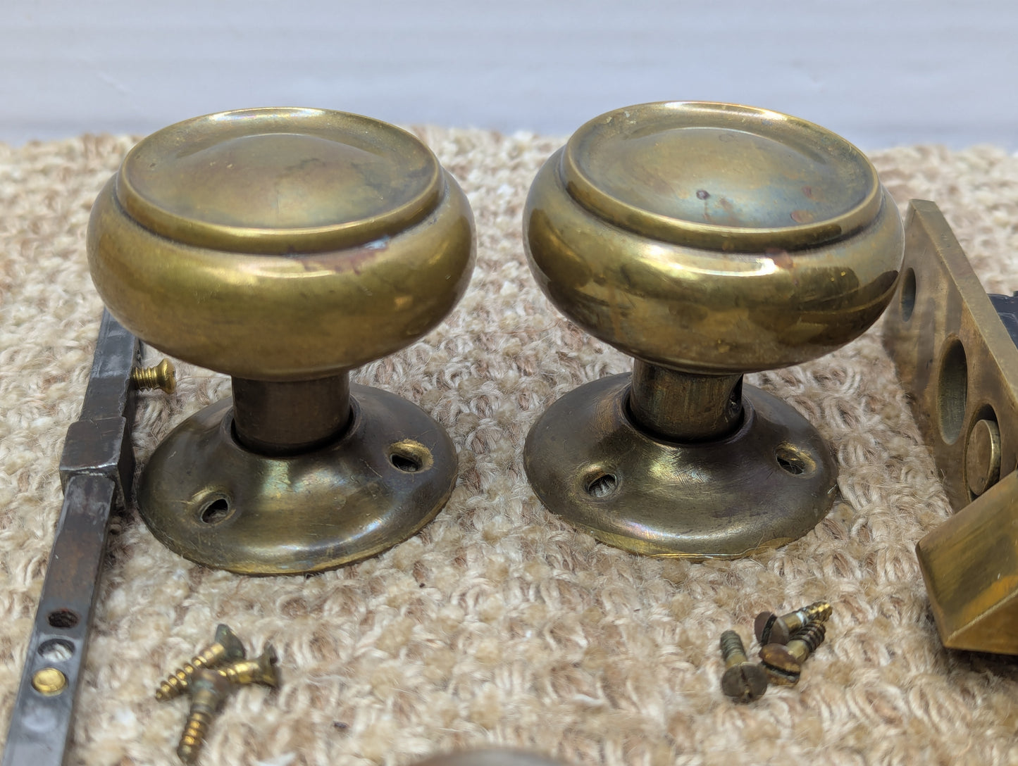 Antique Russwin Exterior Mortise Lock W/Keys, Brass Door Knobs, Rosettes & Thumb Turn Set