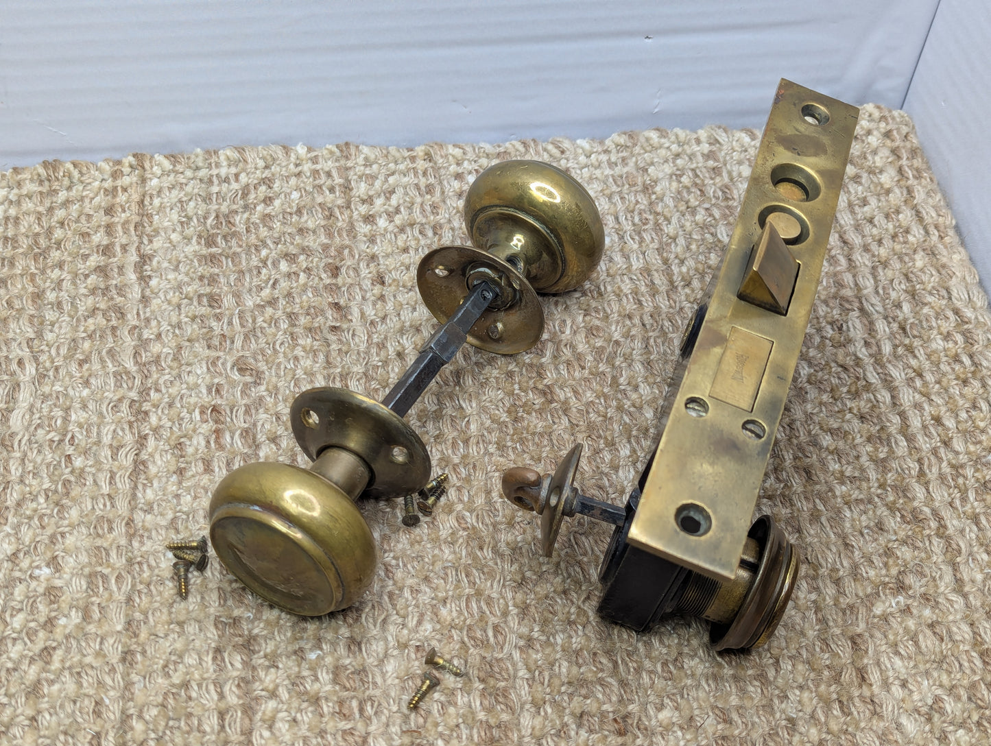 Antique Russwin Exterior Mortise Lock W/Keys, Brass Door Knobs, Rosettes & Thumb Turn Set