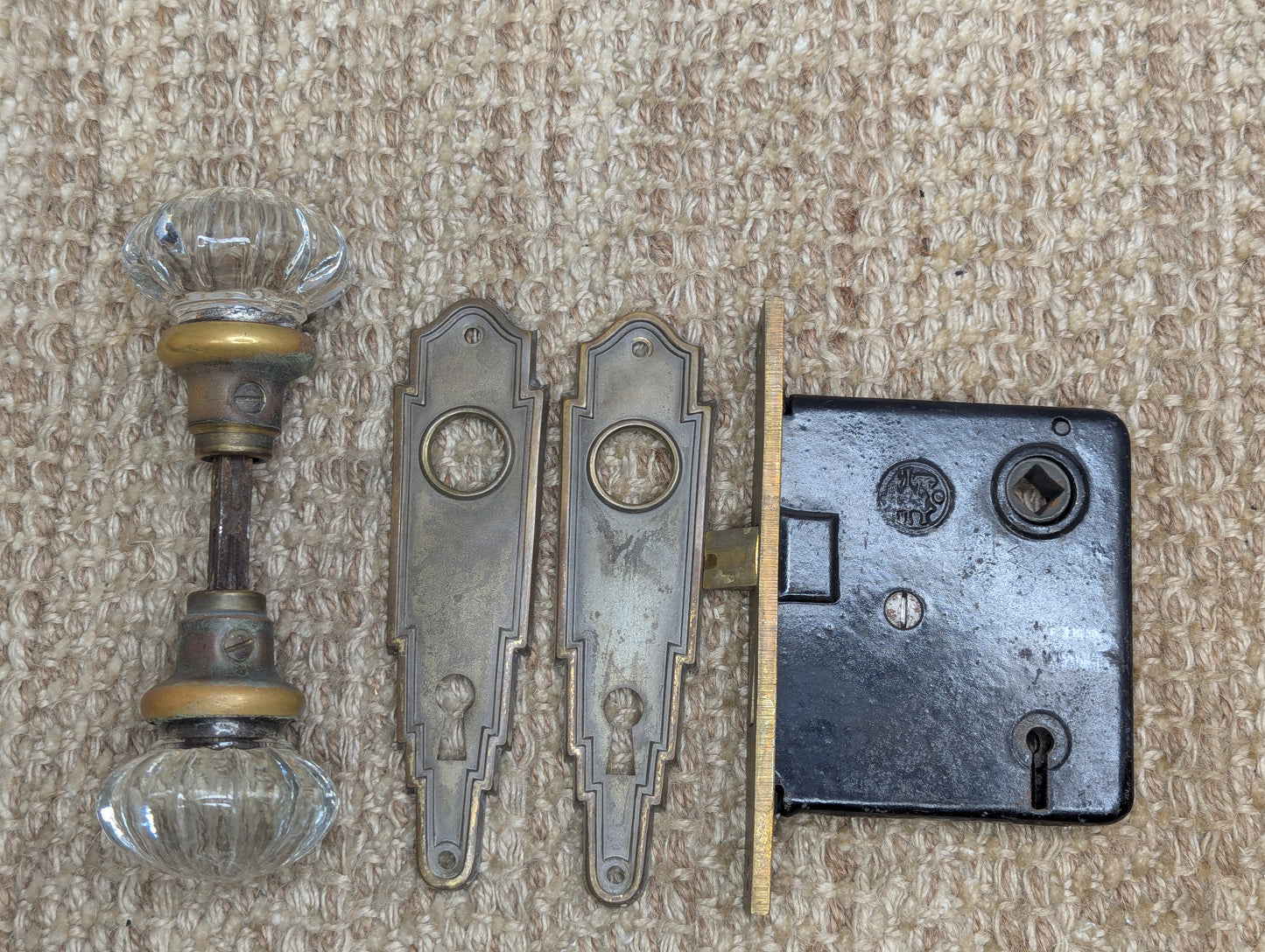 Antique Interior Mortise Lock #0290, Glass Door Knobs & Brass Door Knob Plates