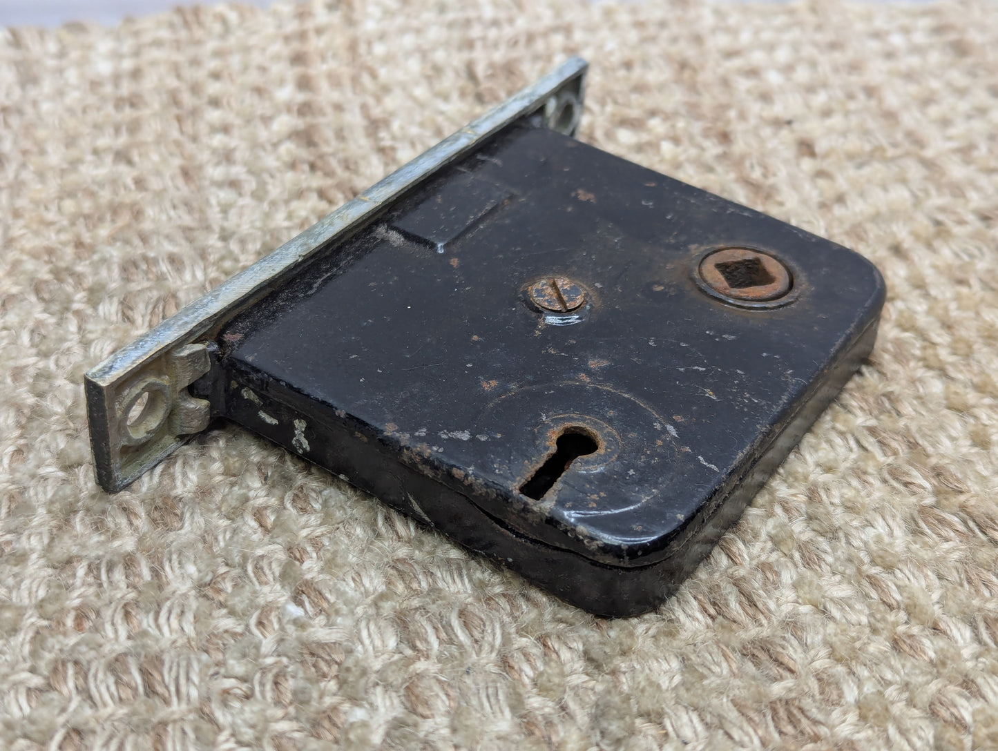 Antique Interior Mortise Lock Door Hardware Lid #15D With Key & Strike Plate