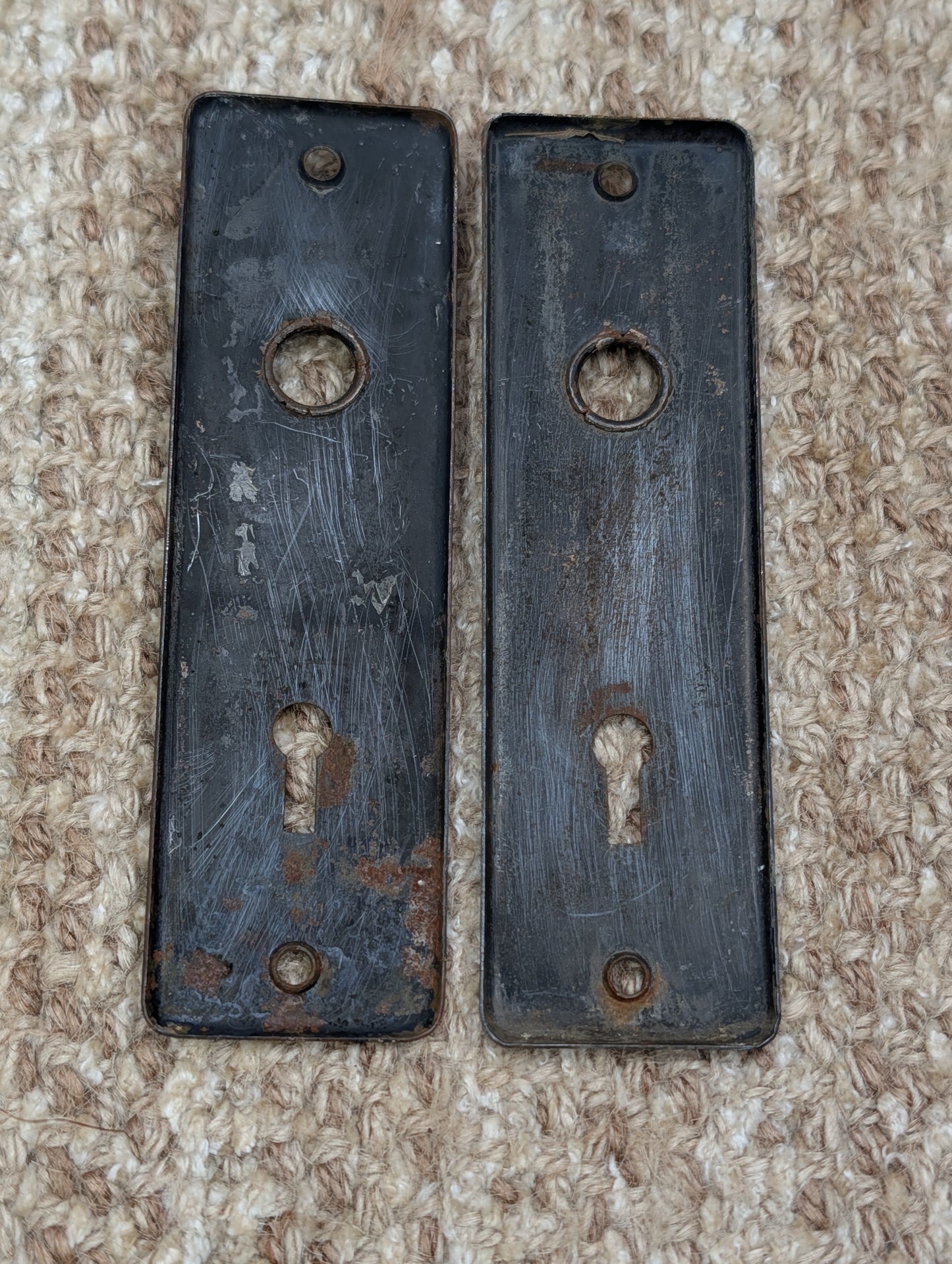 Pair 1 5/8" x 5 1/2" Antique Stamped Steel Door Knob Plates