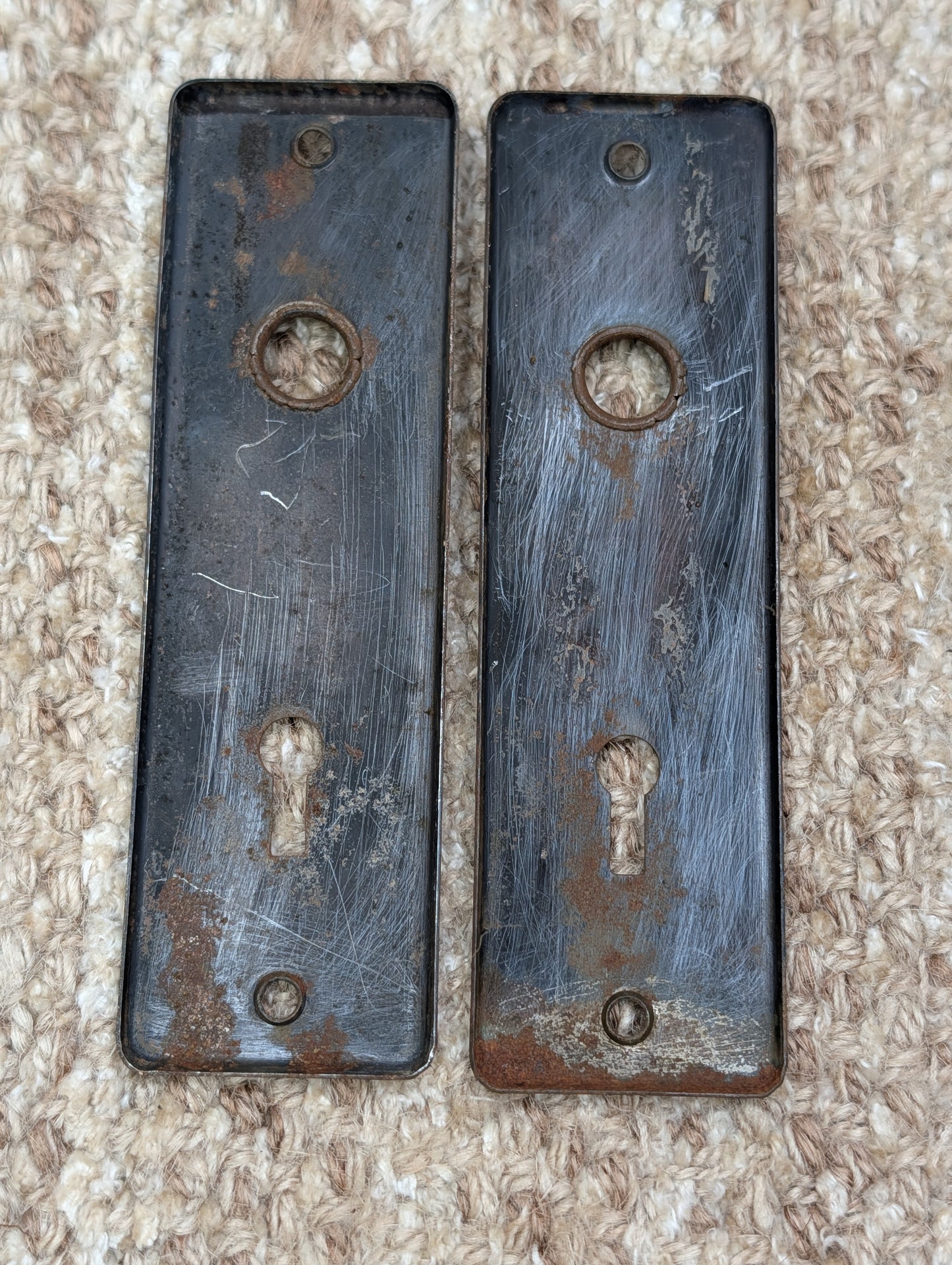 Pair 1 5/8" x 5 1/2" Antique Stamped Steel Door Knob Plates