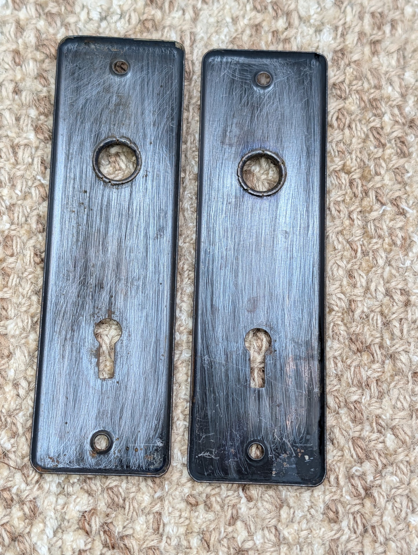 Pair 1 5/8" x 5 1/2" Antique Stamped Steel Door Knob Plates