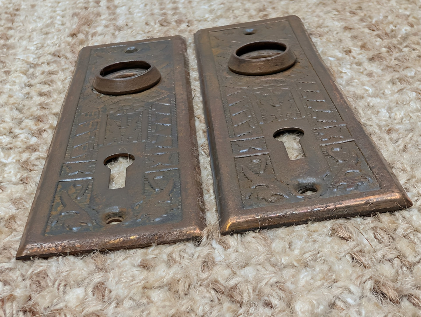 Pair 1 5/8" x 5 1/2" Antique Sargent Stamped Steel Door Knob Plates Circa 1890