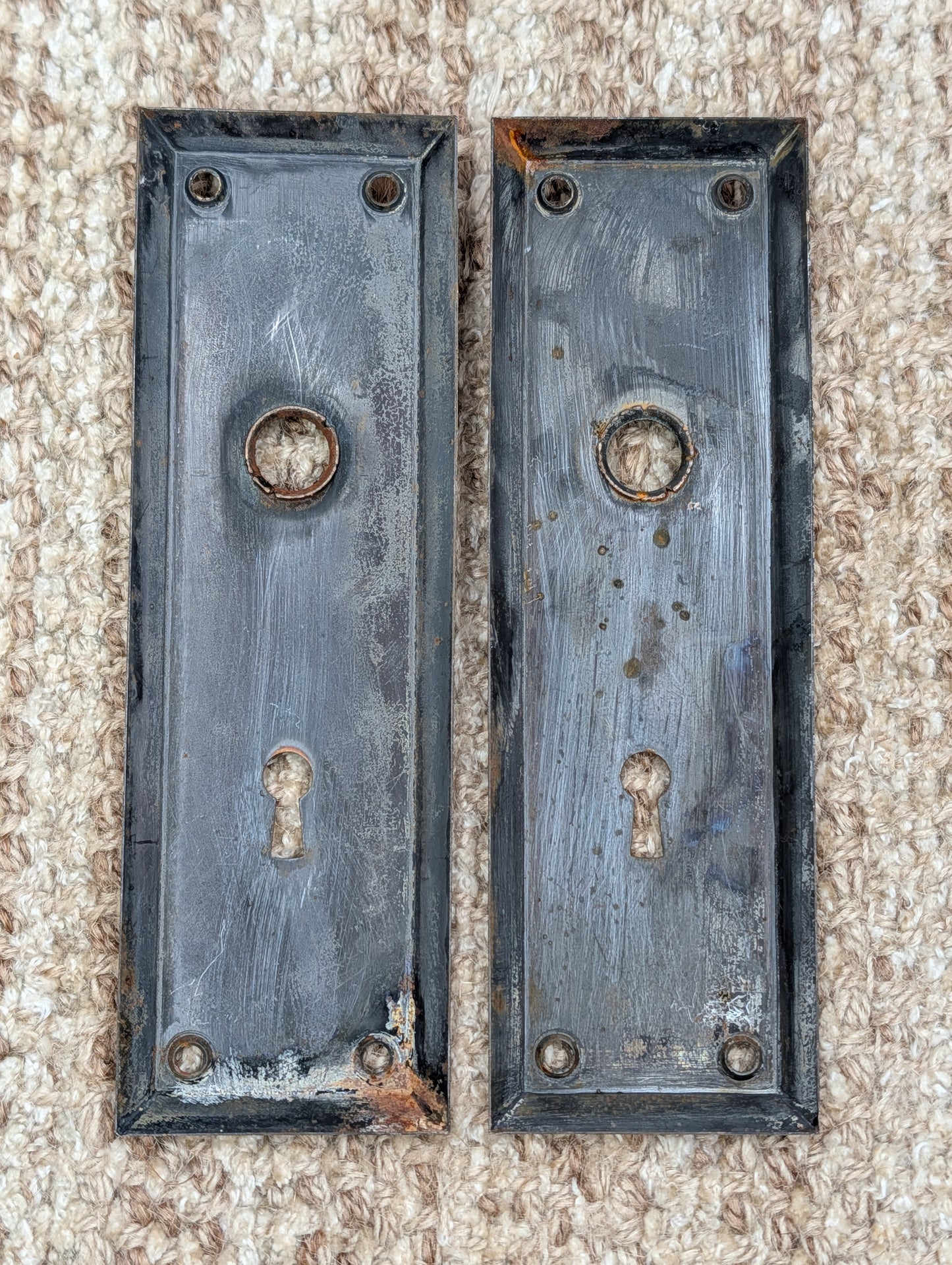 Pair 2 1/4" x 7" Antique Japanned Stamped Steel Door Knob Plates