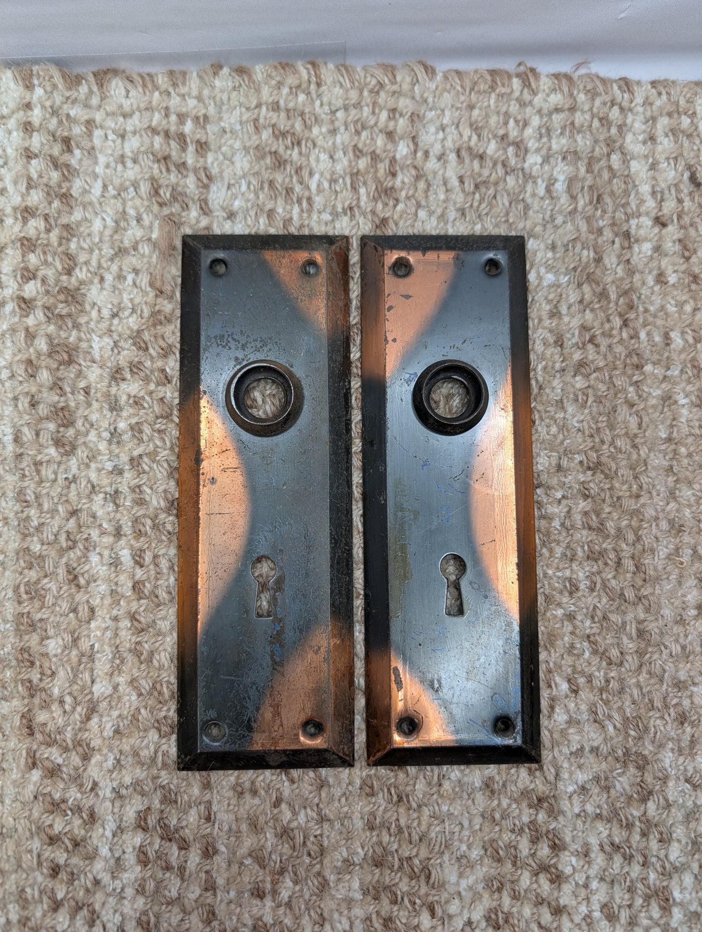 Pair 2 1/4" x 7" Antique Japanned Stamped Steel Door Knob Plates