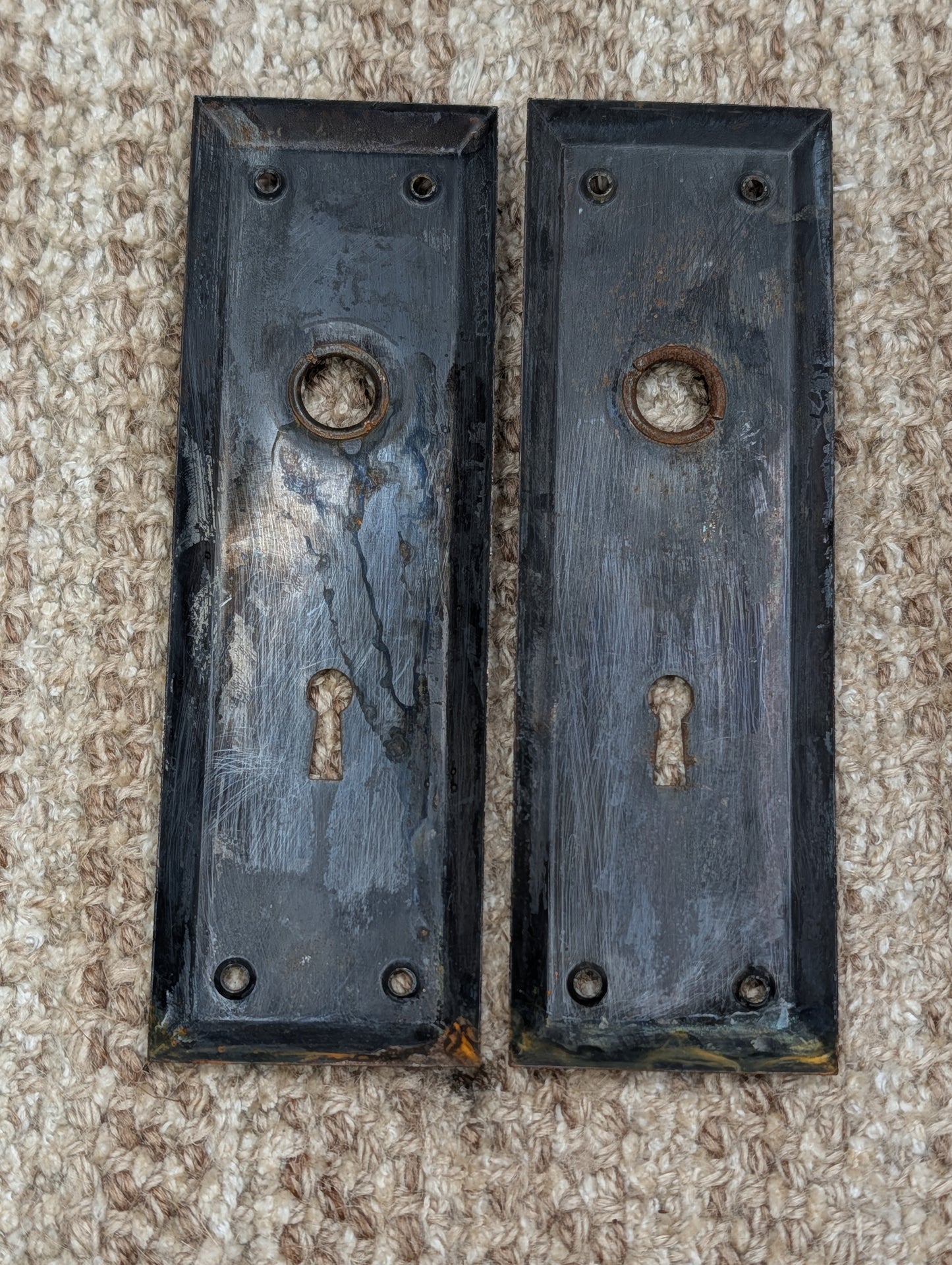 Pair 2 1/4" x 7" Antique Japanned Stamped Steel Door Knob Plates