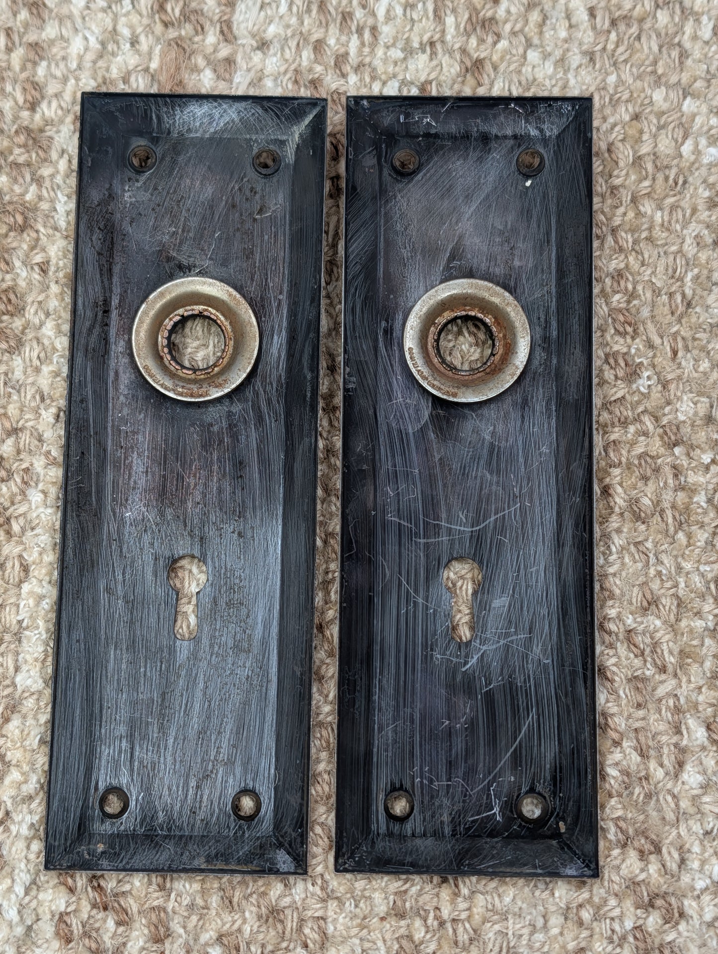 Pair 2 1/4" x 7" Antique Japanned Stamped Steel Door Knob Plates