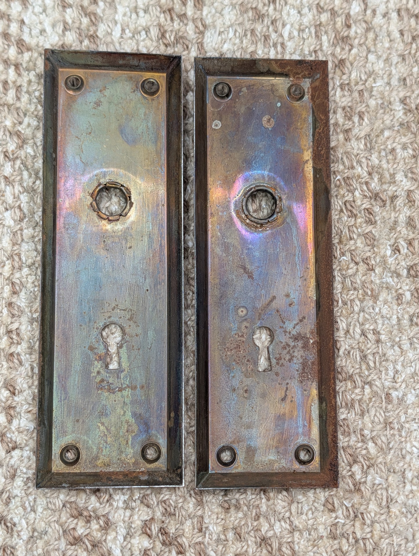 Pair 2 1/4" x 7" Antique Stamped Steel Door Knob Plates