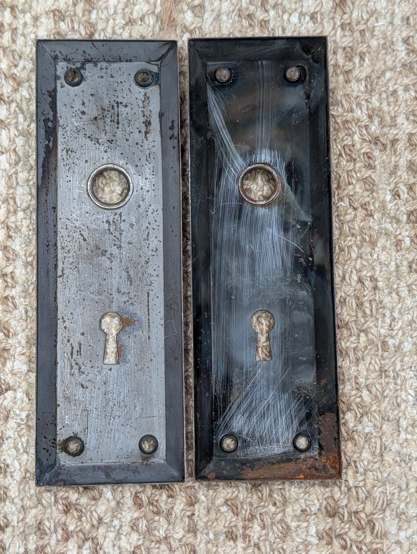 Pair 2 1/4" x 7" Antique Japanned Stamped Steel Door Knob Plates