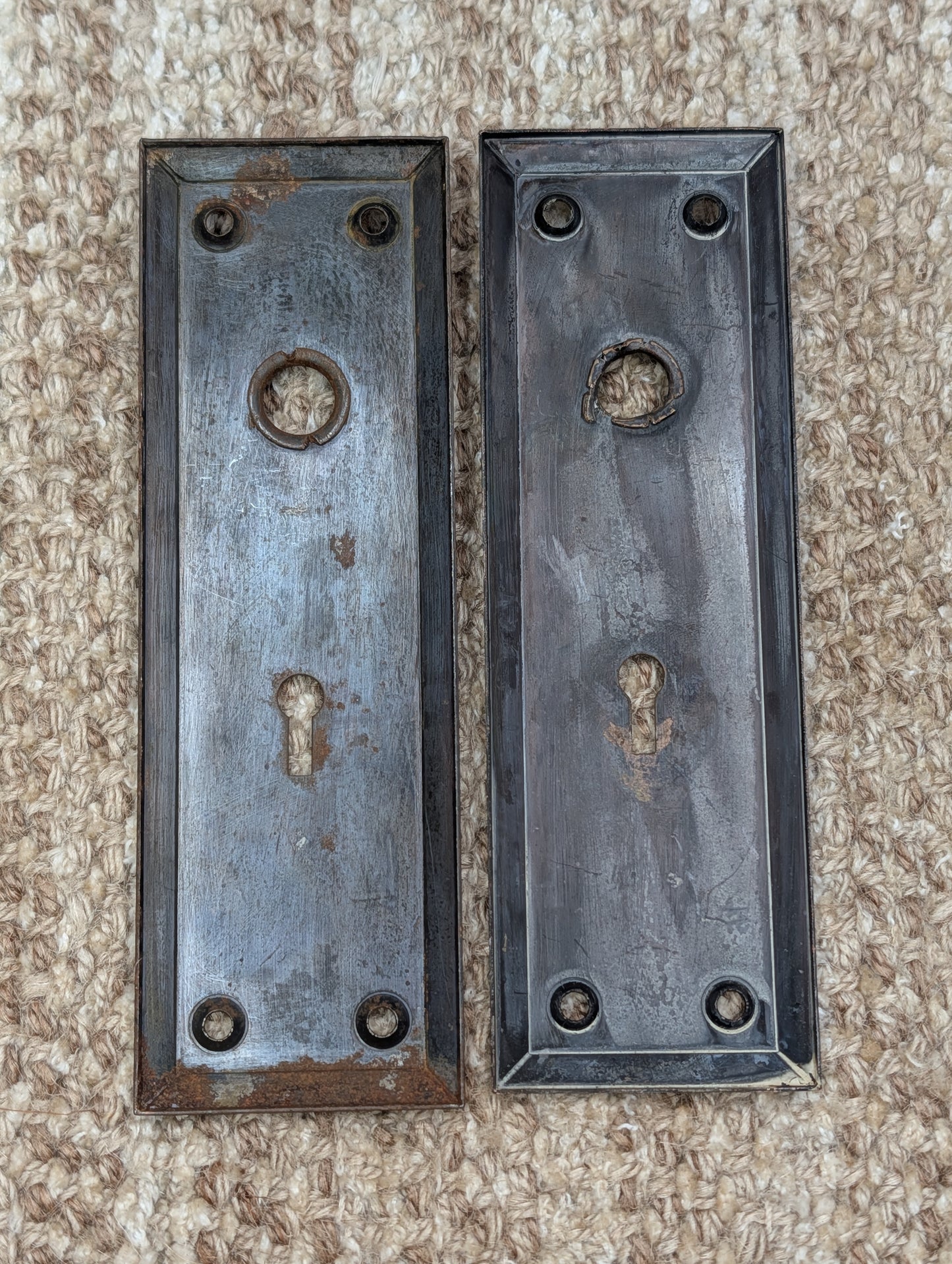 Pair 2 1/4" x 7" Antique Japanned Stamped Steel Door Knob Plates