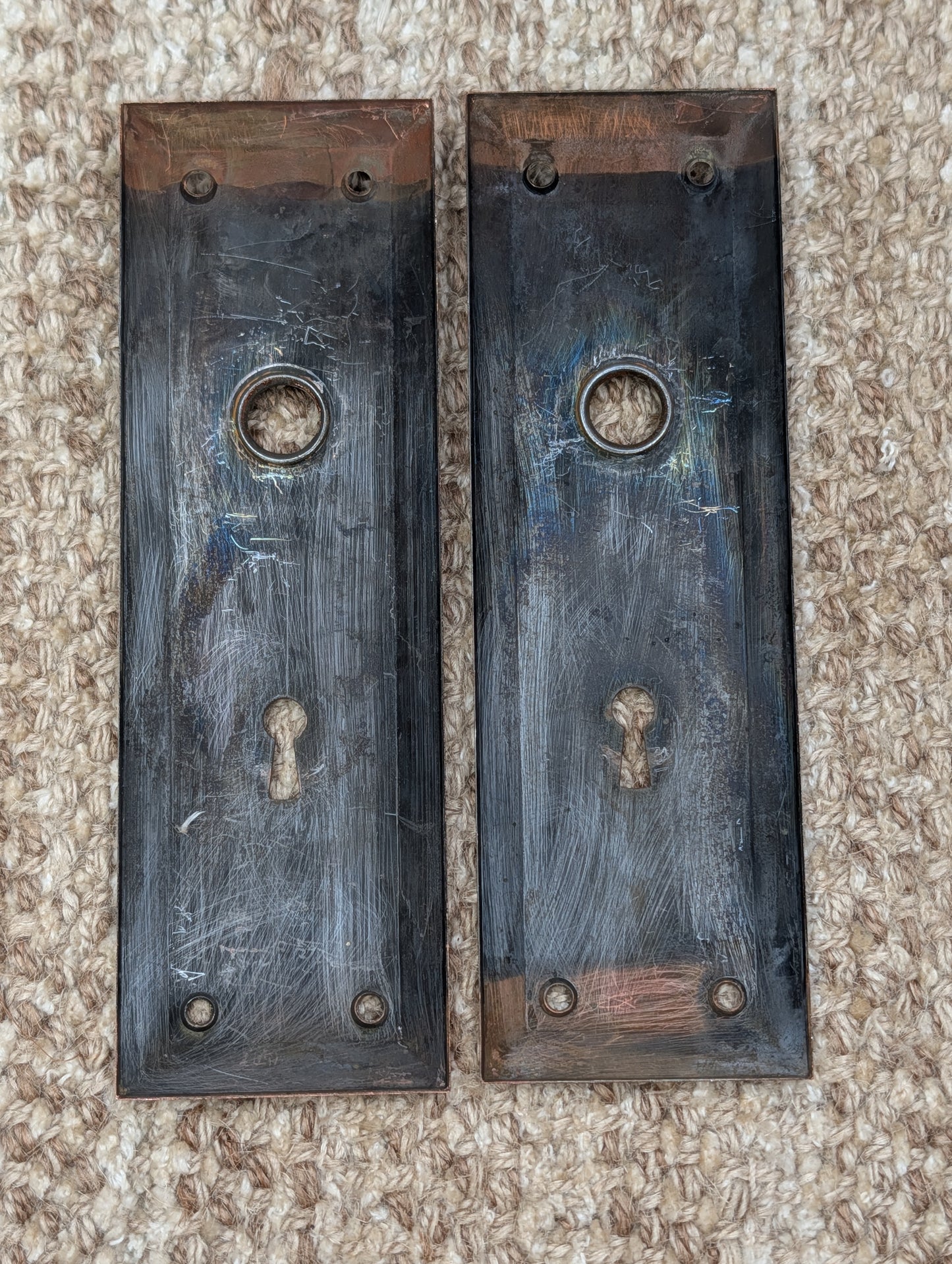 Pair 2 1/4" x 7" Antique Japanned Stamped Steel Door Knob Plates