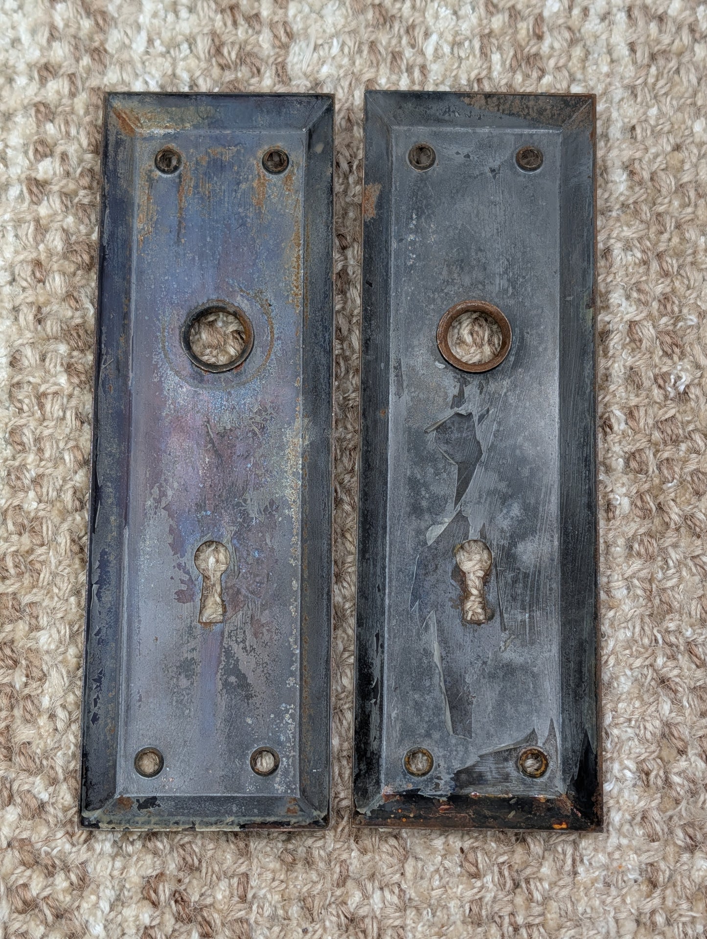 Pair 2 1/4" x 7" Antique Japanned Stamped Steel Door Knob Plates