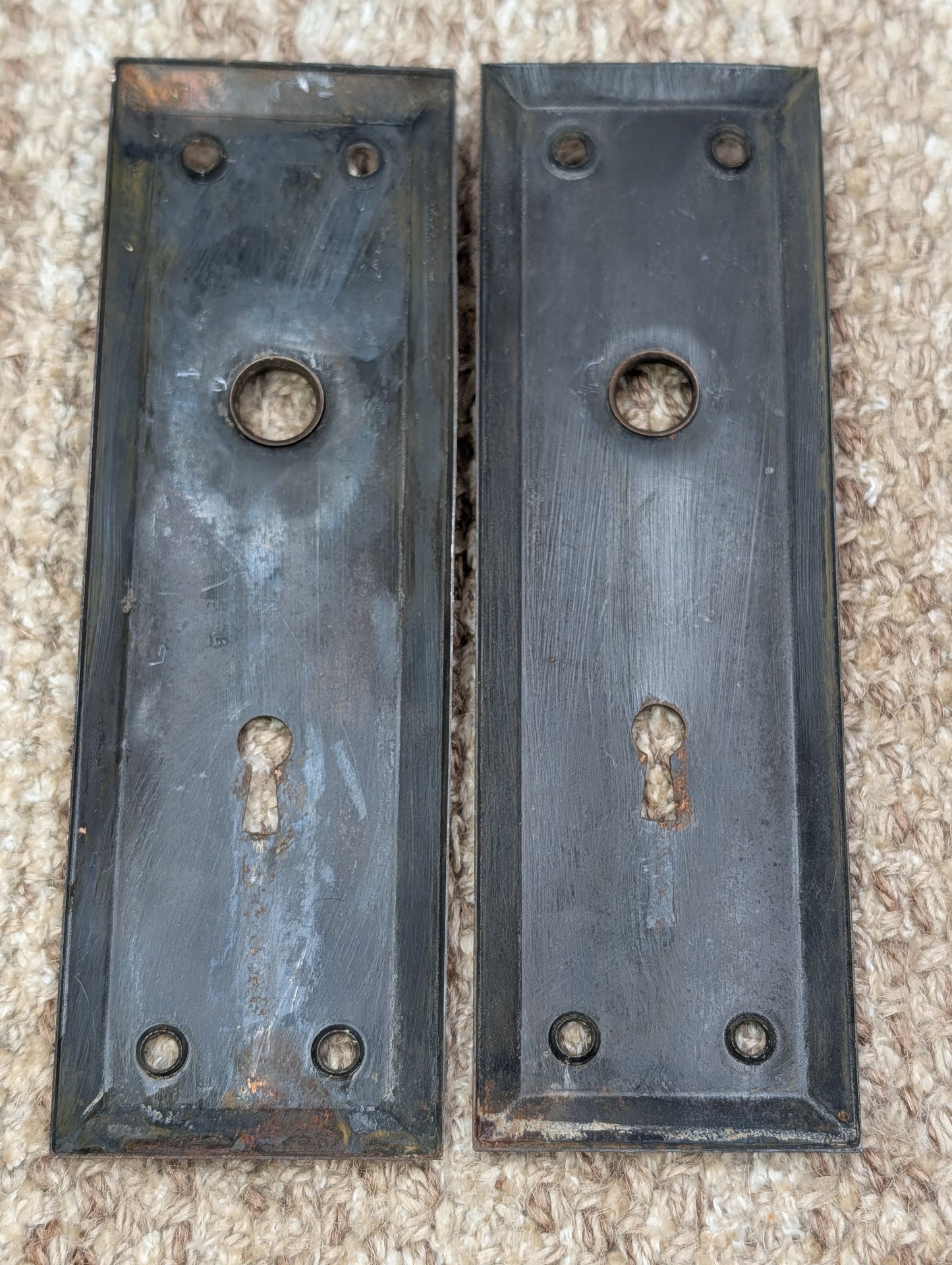 Pair 2 1/4" x 7" Antique Japanned Stamped Steel Door Knob Plates
