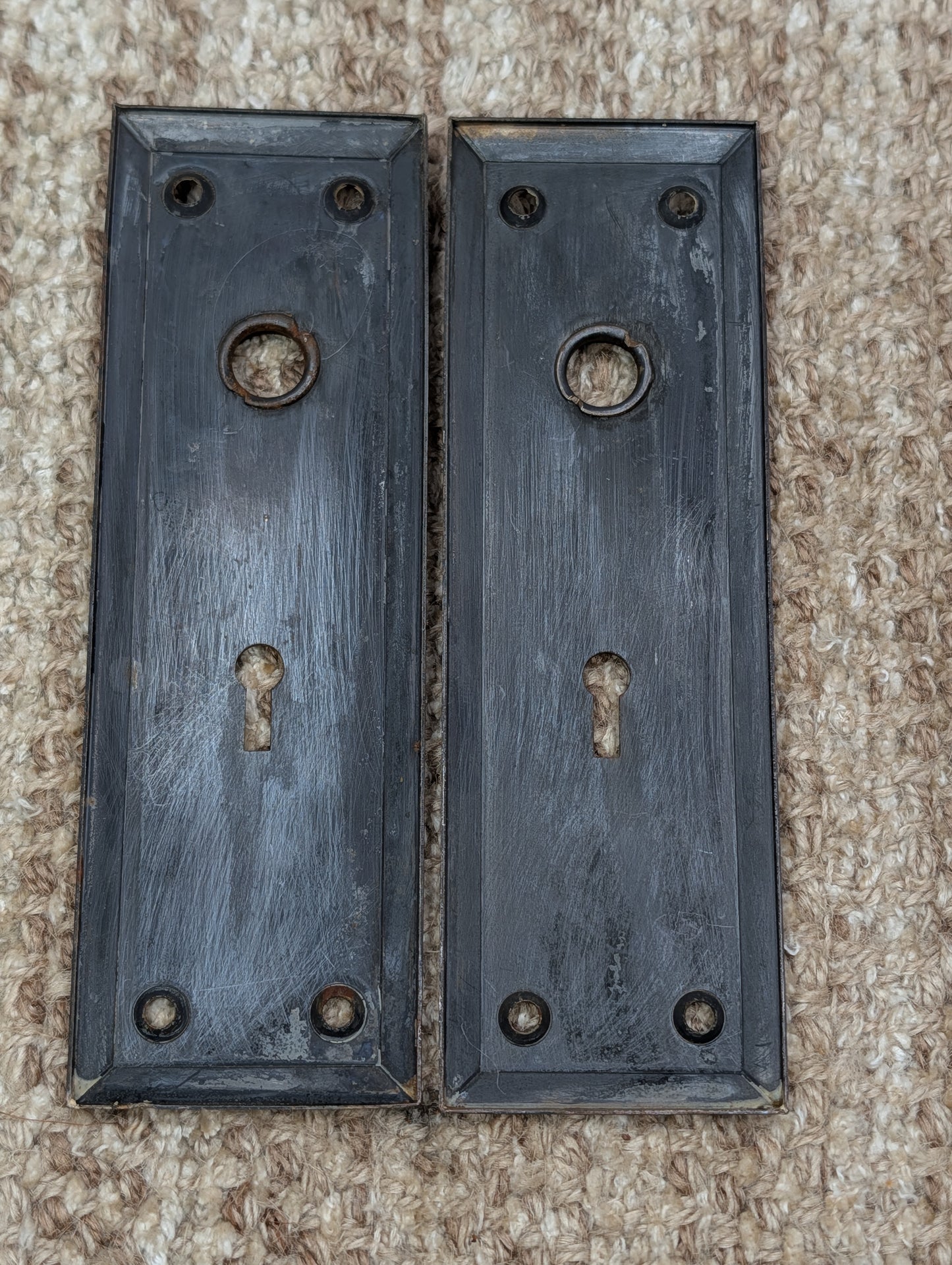 Pair 2 1/4" x 7" Antique Japanned Stamped Steel Door Knob Plates