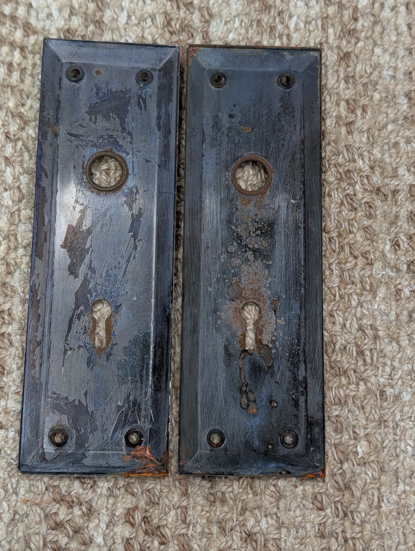 Pair 2 1/4" x 7" Antique Stamped Steel Door Knob Plates