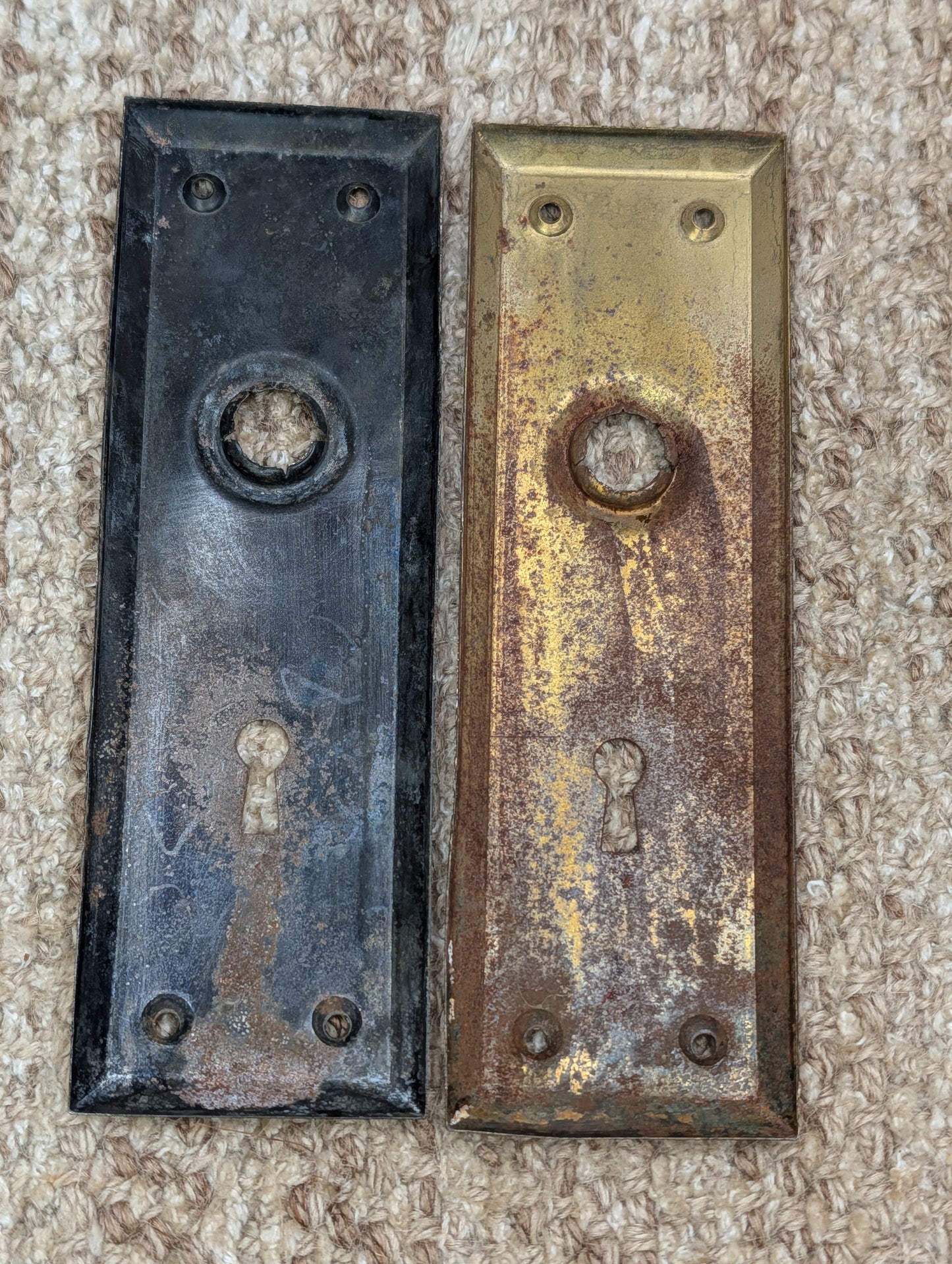 Pair 2 1/4" x 7" Antique Stamped Steel Door Knob Plates