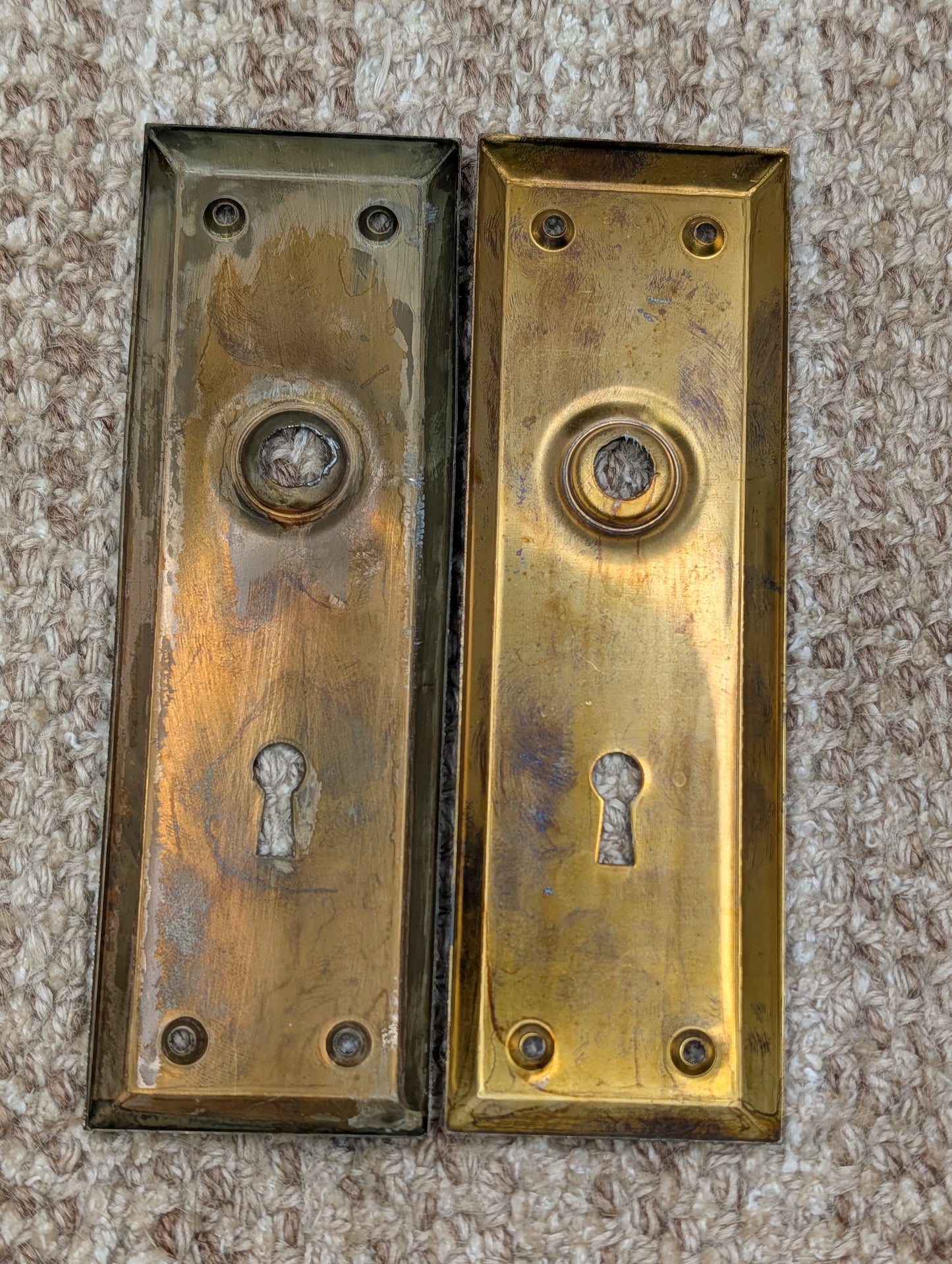 Pair Of 2 1/4" x 7" Antique Brass Plated Stamped Steel Door Knob Plates