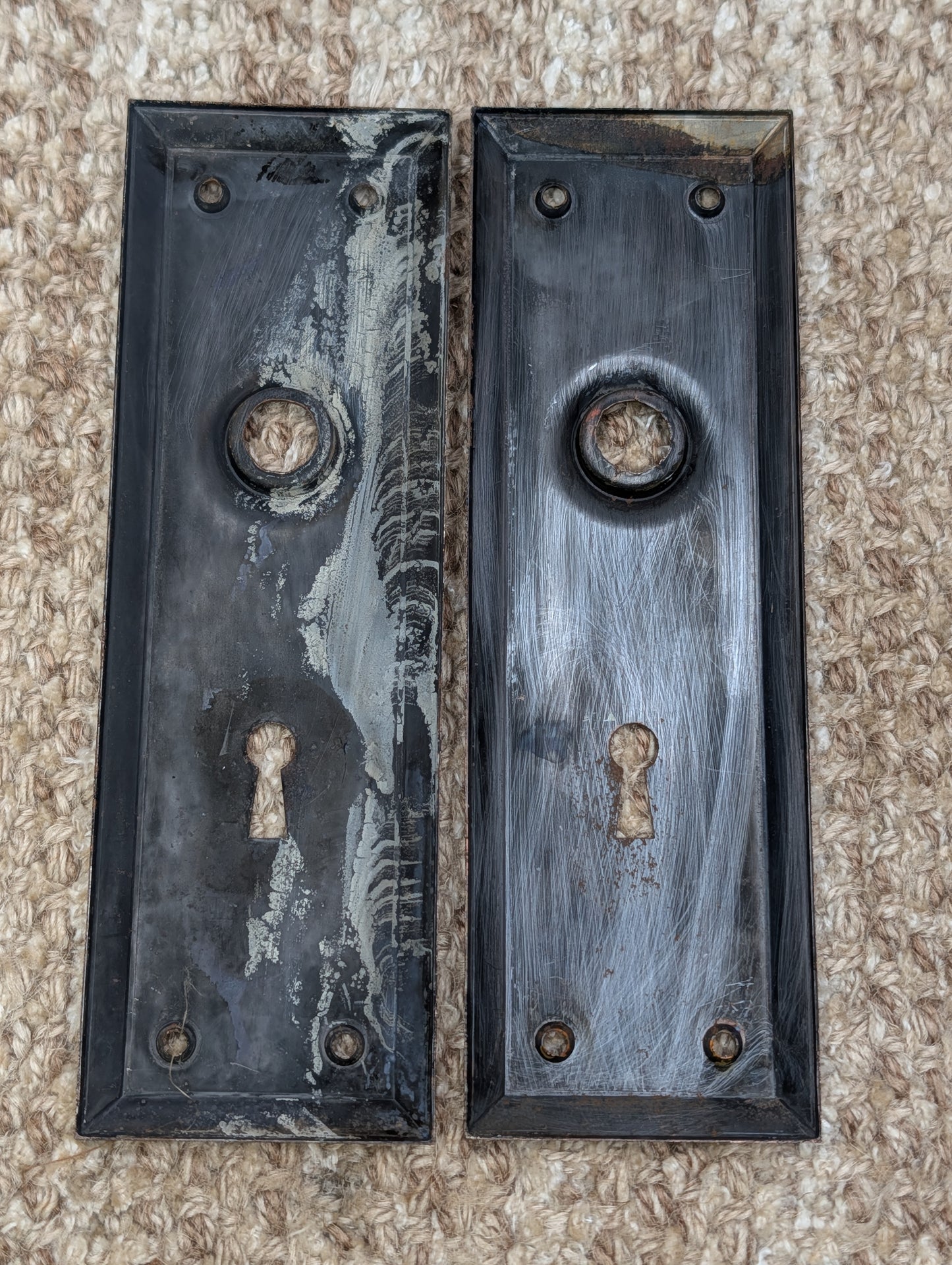 Pair 2 1/4" x 7" Antique Stamped Steel Door Knob Plates