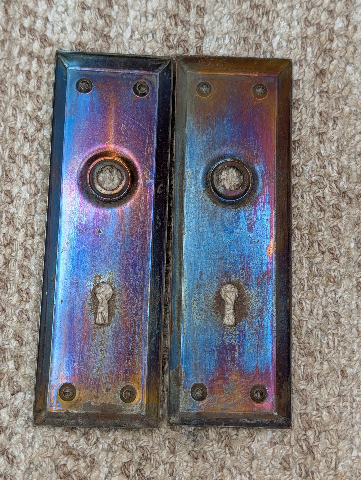 Pair 2 1/4" x 7" Antique Stamped Steel Door Knob Plates