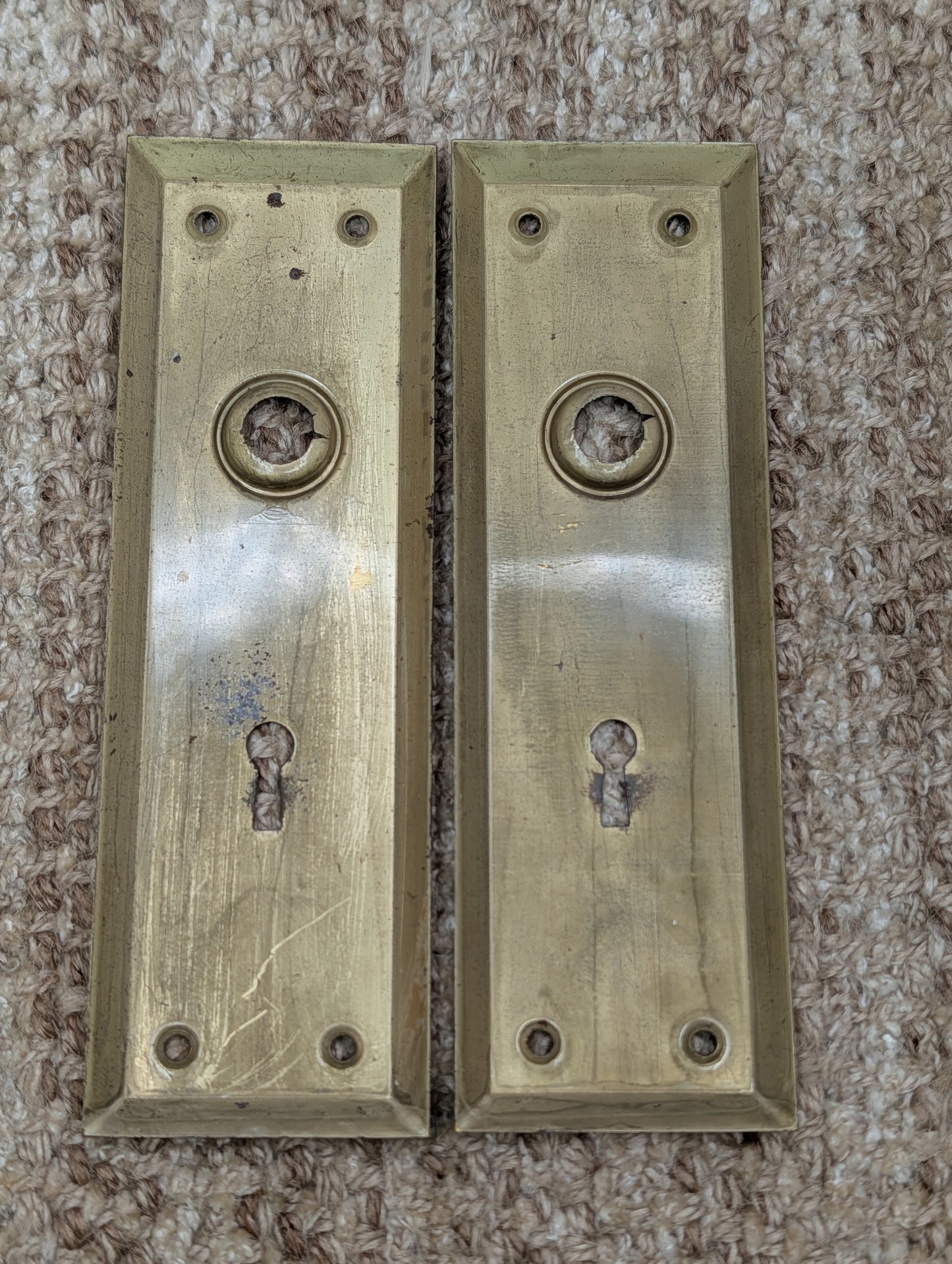 Pair 2 1/4" x 7" Antique Brass Plated Stamped Steel Door Knob Plates