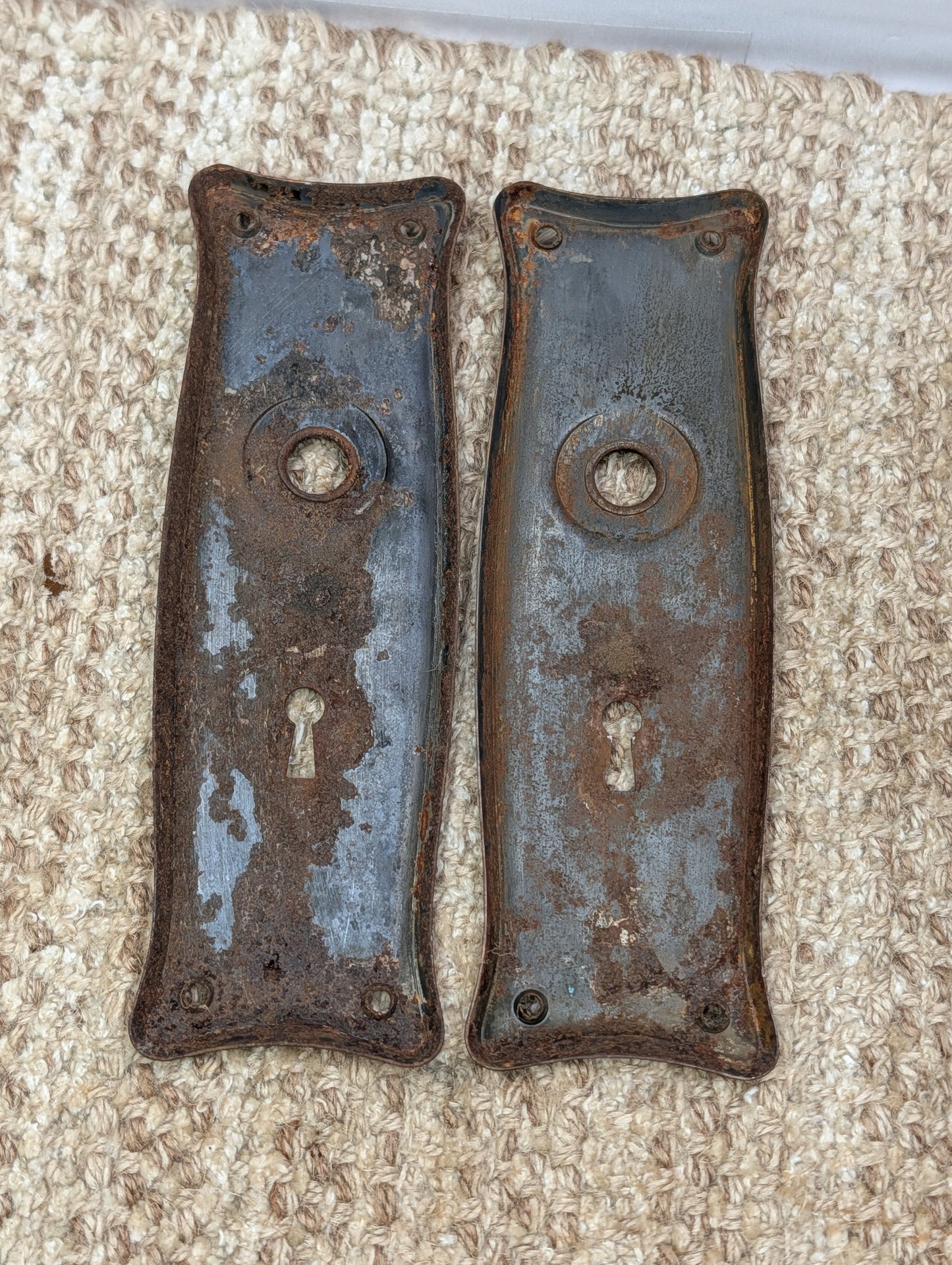Pair 2 1/2" x 7 11/16" Antique Japanned Stamped Steel Door Knob Plates