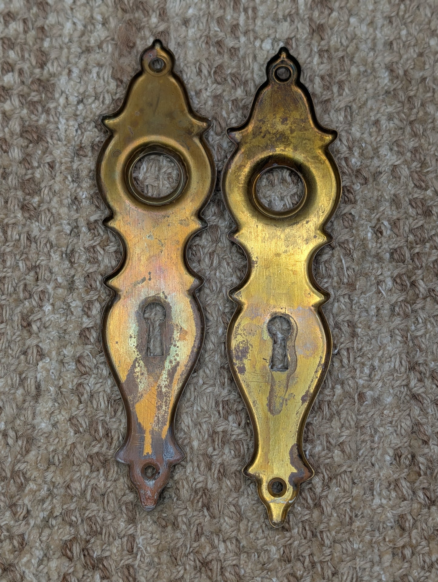 Pair 1 3/4" x 7" Antique Stamped Brass Door Knob Plates