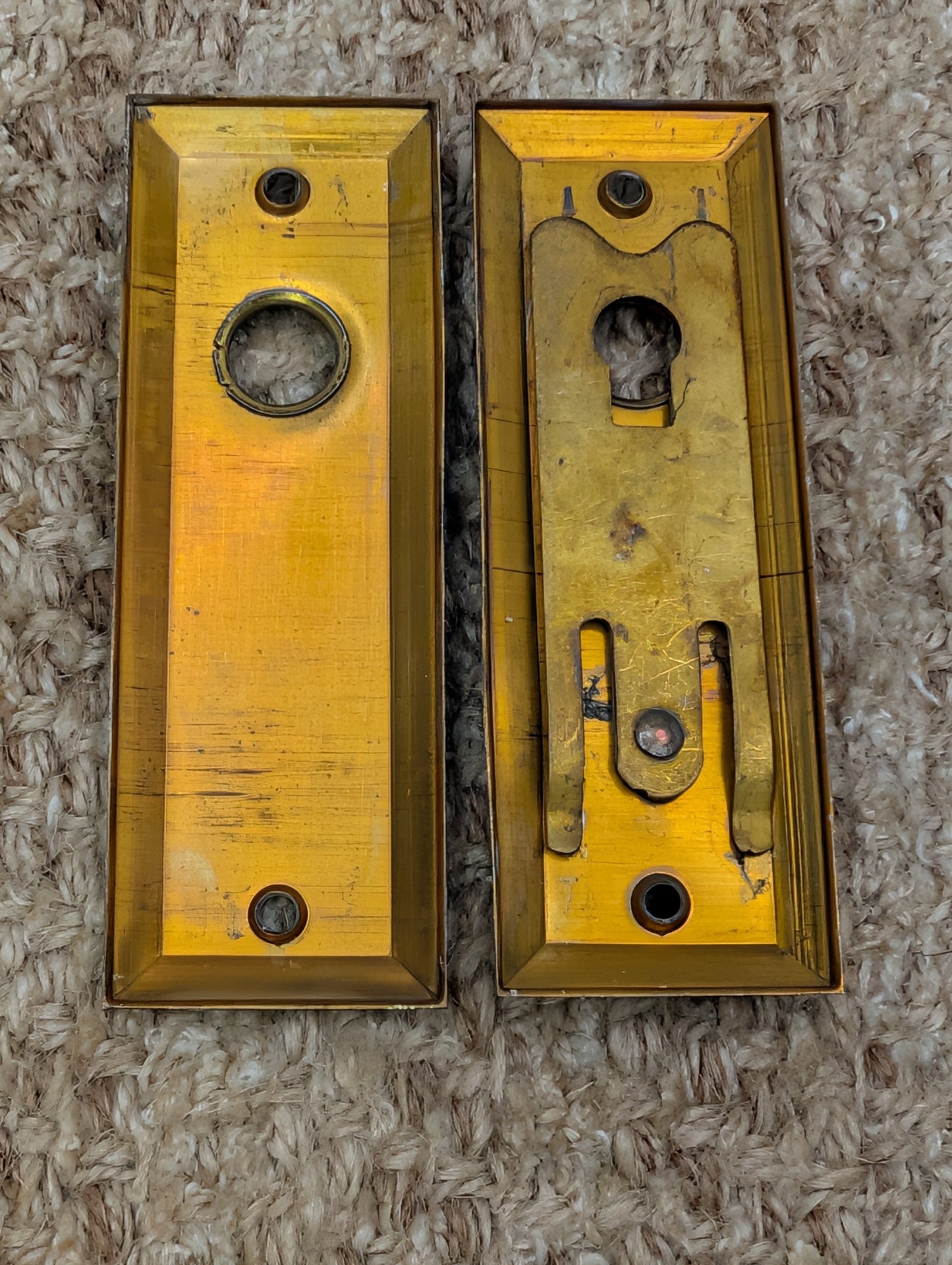 Pair 1 3/8" x 4" Antique Slide Lock Brass Door Knob Plates