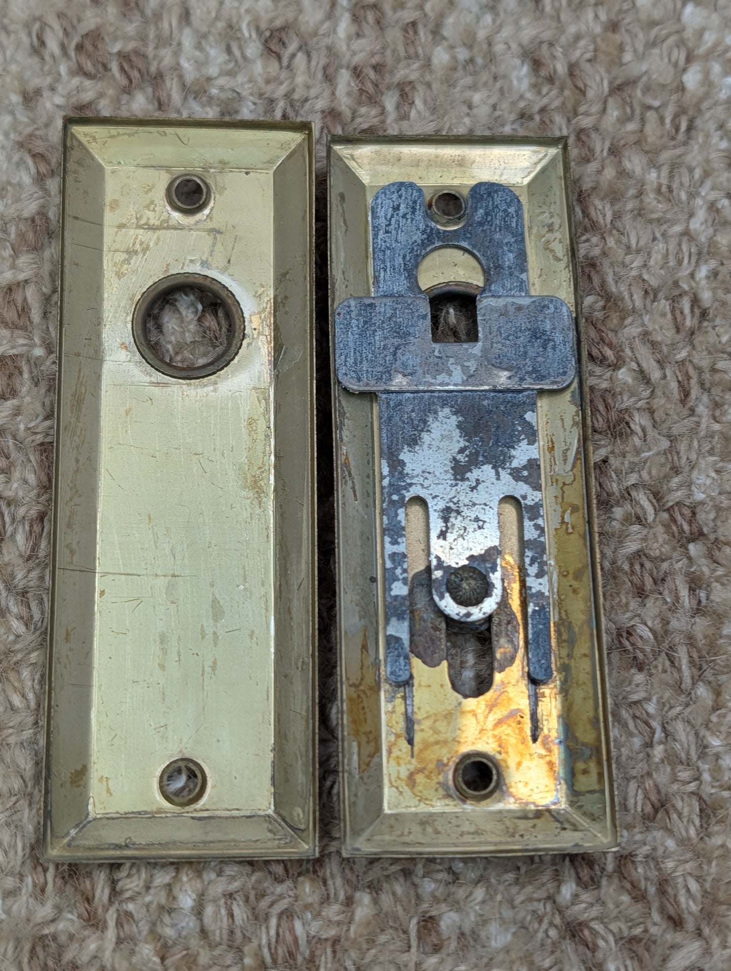Pair 1 3/8" x 4" Antique Slide Lock Brass Plated Steel Door Knob Plates