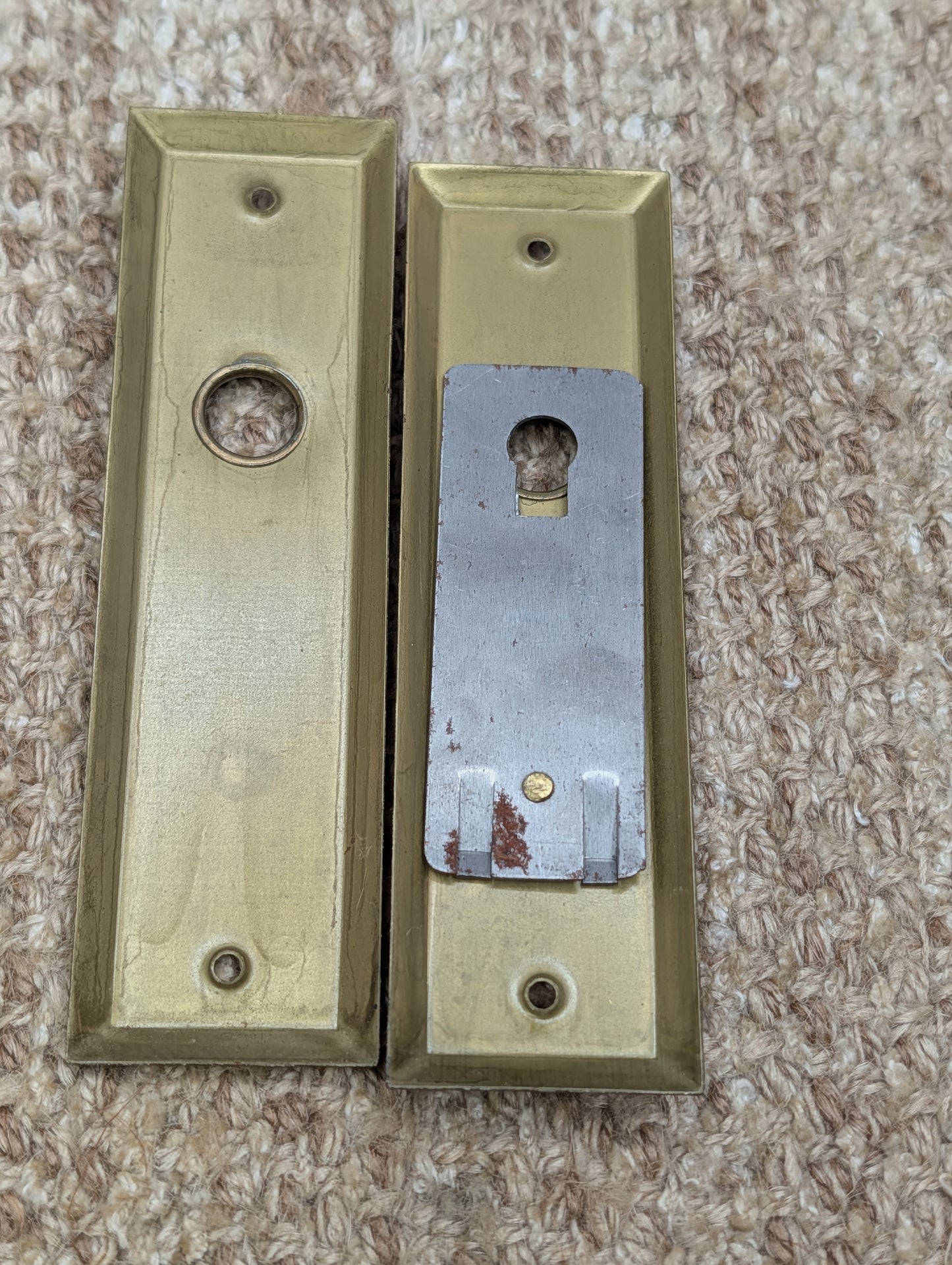 Pair 1 5/8" x 5 13/16" Antique Slide Lock Brass Plated Steel Door Knob Plates