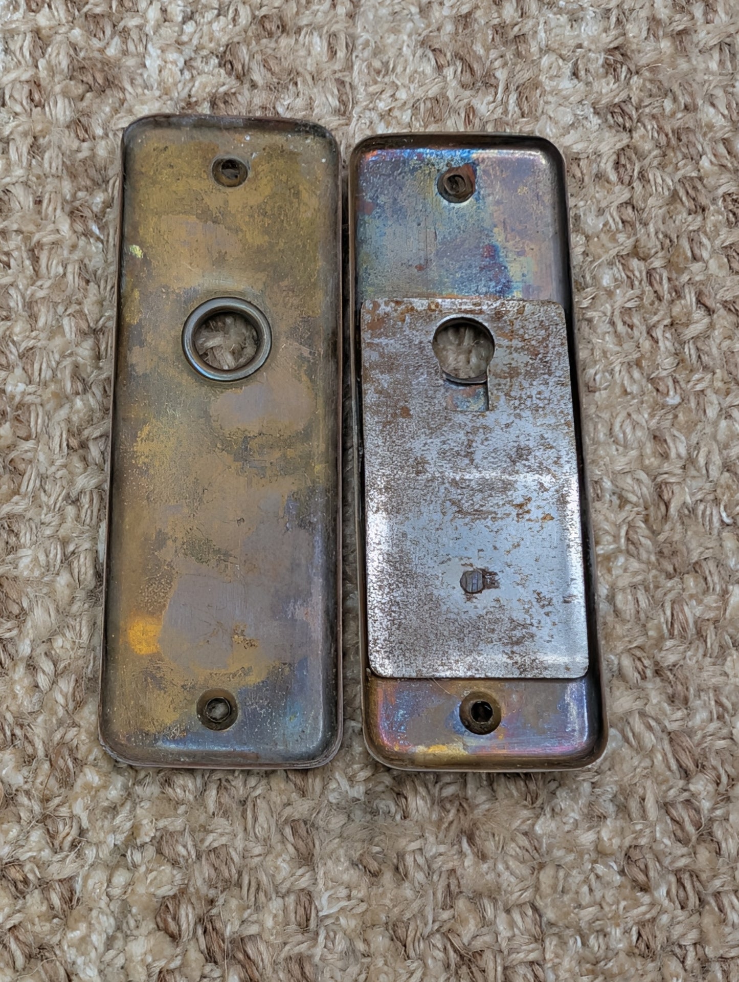 Pair 1 1/2" x 4 1/2" Antique Slide Lock Brass Door Knob Plates