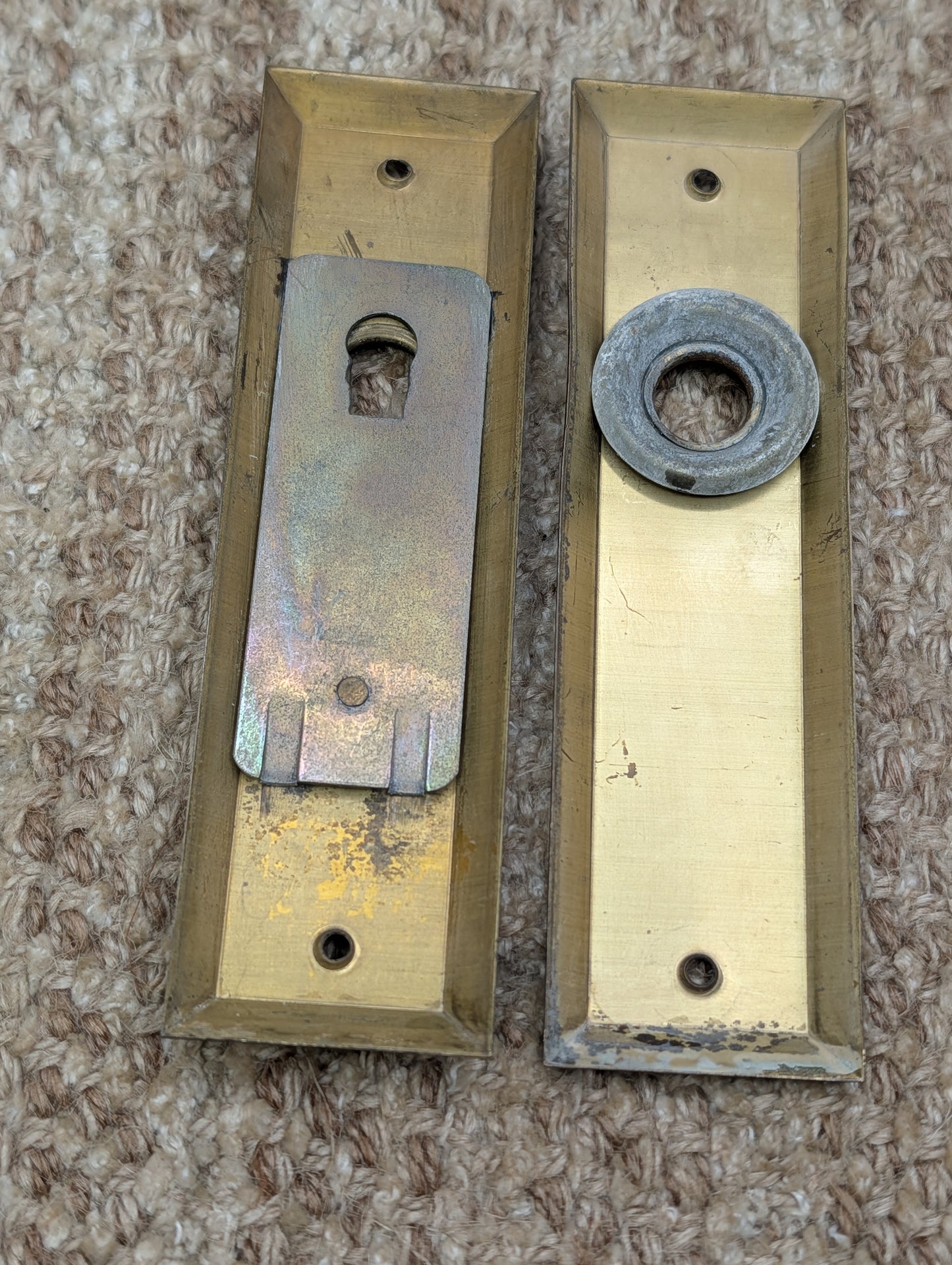 Pair 1 5/8" x 5 7/8" Antique Slide Lock Brass Door Knob Plates