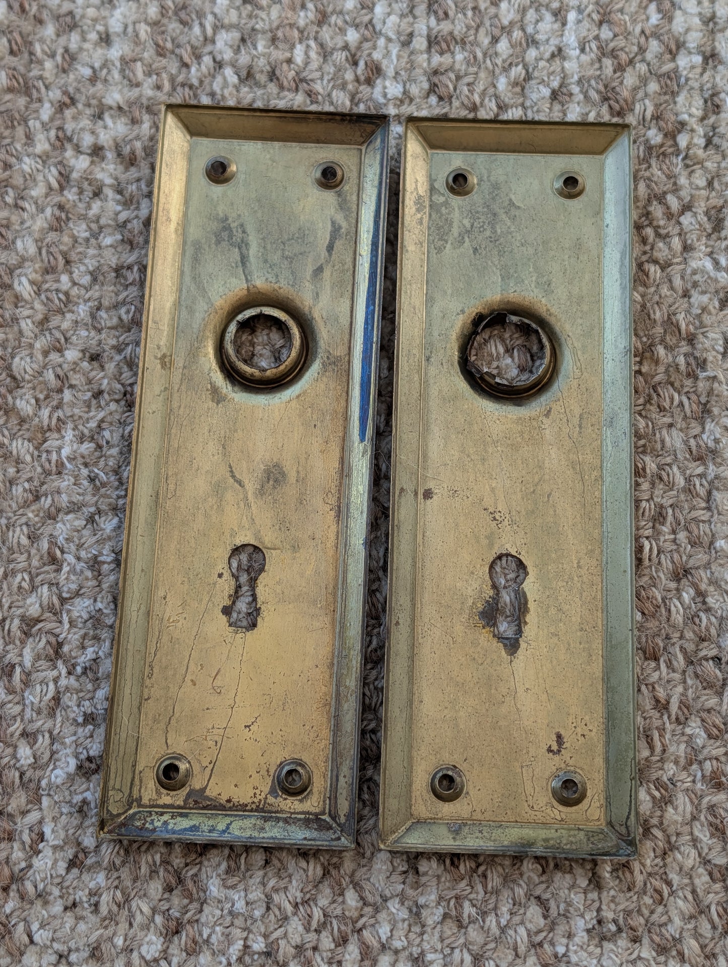 Pair Of Antique 2 1/4" x 7" Steel Door Knob Plate Hardware