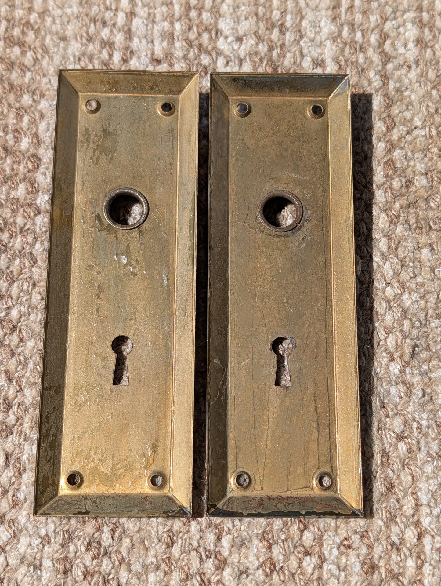 Pair Of Antique 2 1/4" x 7" Steel Door Knob Plate Hardware