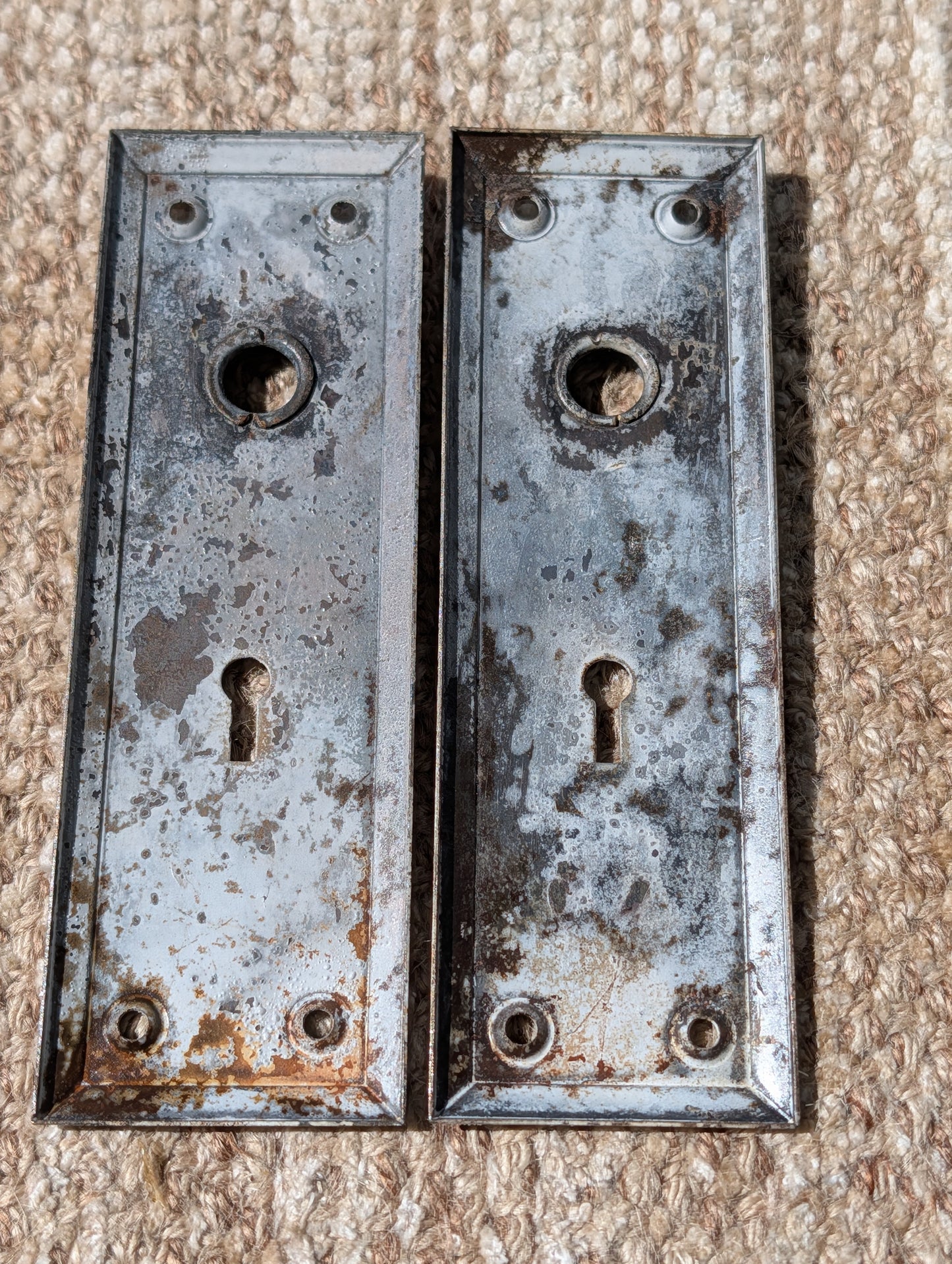 Pair Of Antique 2 1/4" x 7" Steel Door Knob Plate Hardware