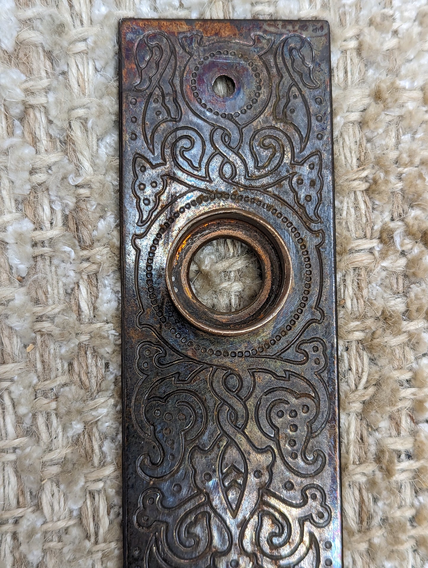 1 7/16" x 5 9/16" Antique Stamped Steel Door Knob Plate