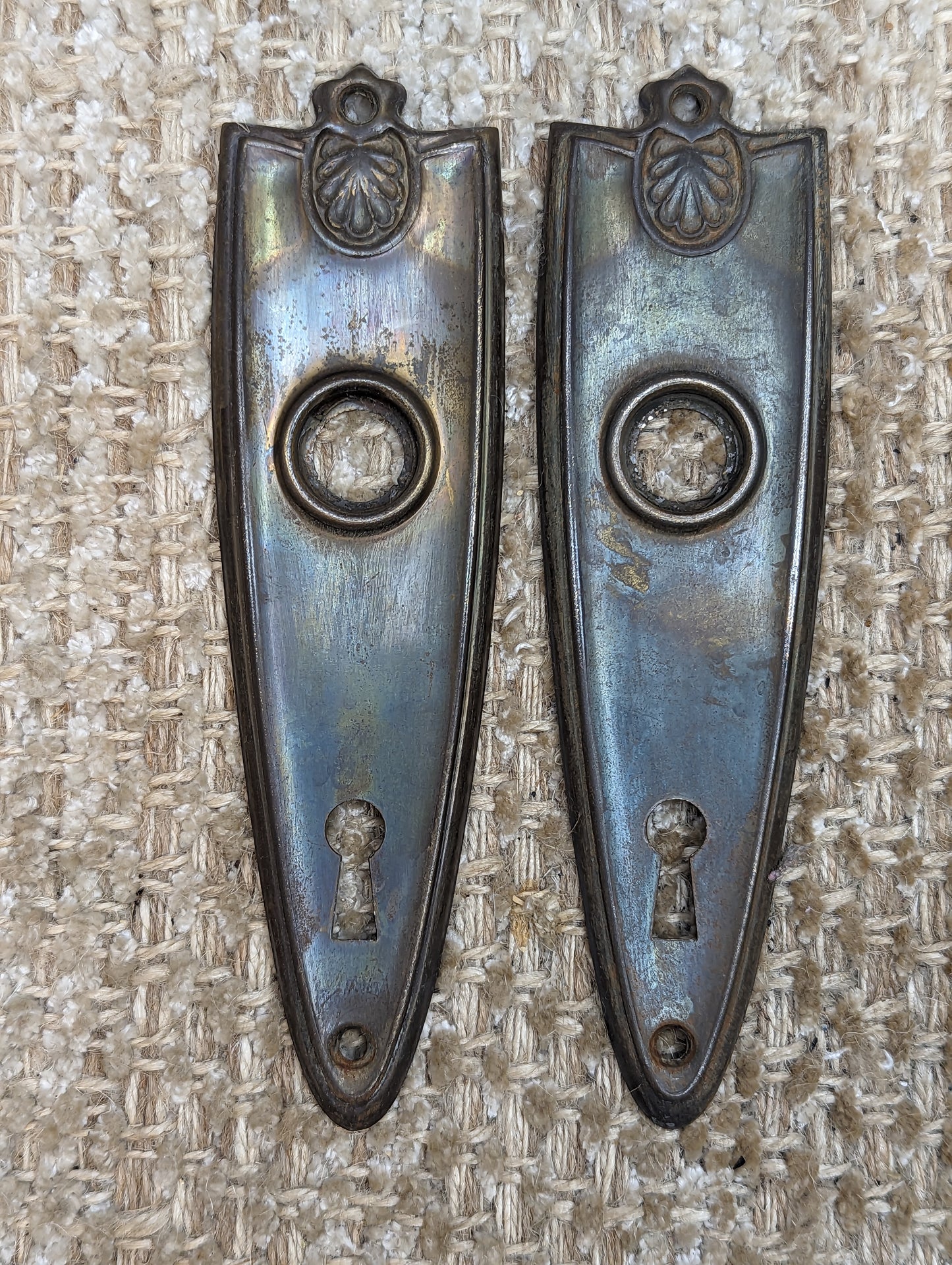 Pair Of 1 11/16" x 6" Antique Stamped Steel Door Knob Plates