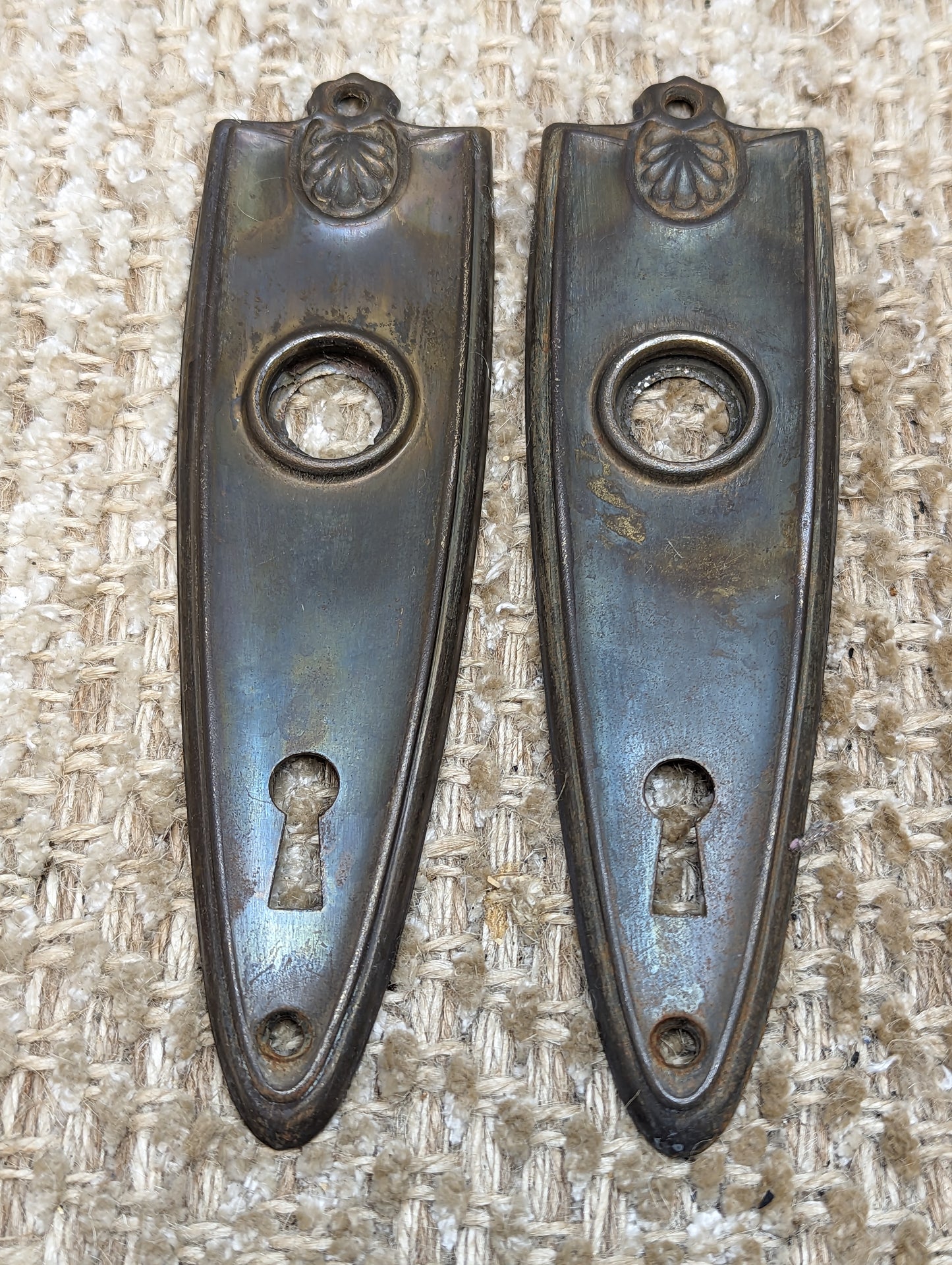 Pair Of 1 11/16" x 6" Antique Stamped Steel Door Knob Plates